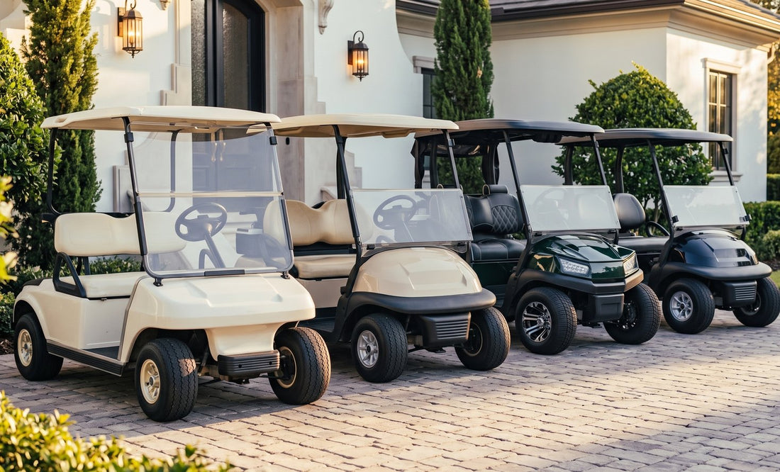 Four Club Car golf cart generations lined up on a brick driveway, from the older squared DS body to the modern sculpted Onward and Tempo bodies