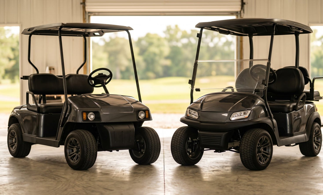 Two golf carts parked side by side in a service barn, the boxy EZGO TXT body on the left and the curved EZGO RXV body on the right