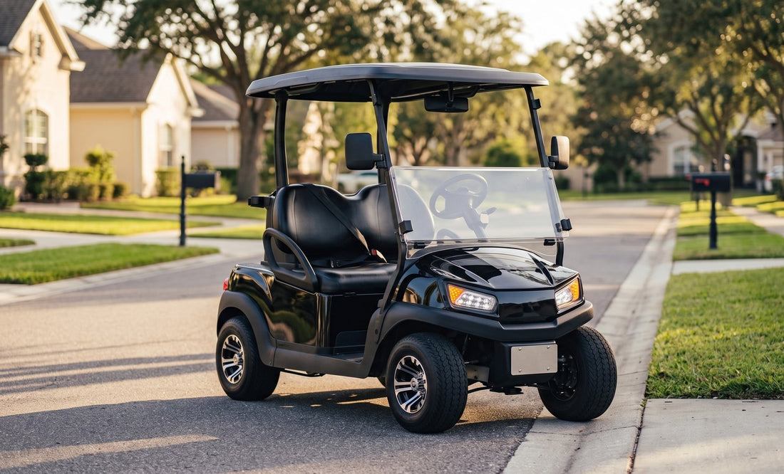 Street legal golf cart on a residential road fitted with headlights, turn signals, side mirrors, windshield, seat belts and a rear licence plate