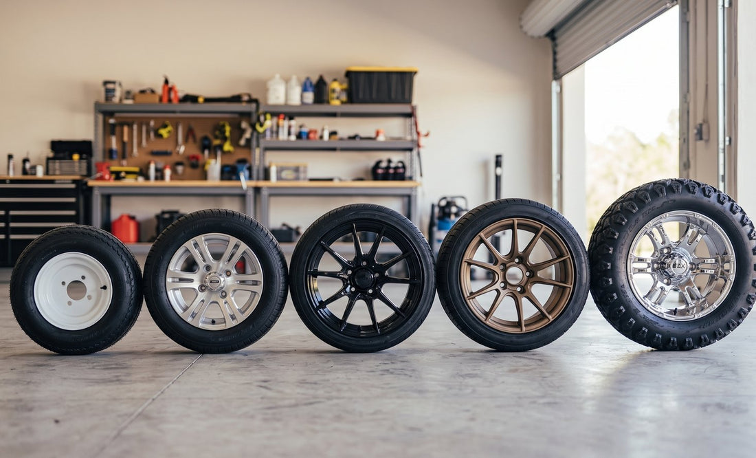Five golf cart wheels and tires stood in a row in a workshop, from a small stock white steel wheel up to a large chrome wheel on an all-terrain tire