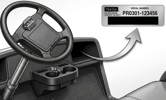 Club Car golf cart serial number sticker location under the passenger-side dash