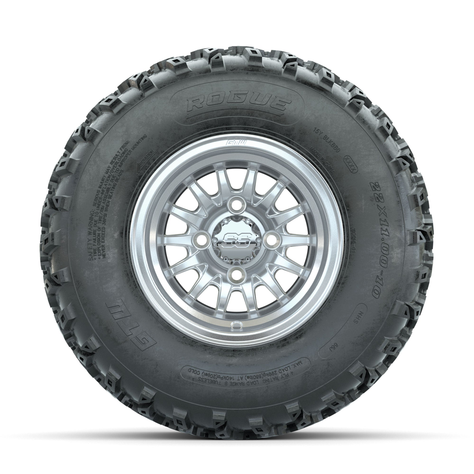 GTW Medusa Machined/Silver 10 in Wheels with 22x11.00-10 Rogue All Terrain Tires – Full Set