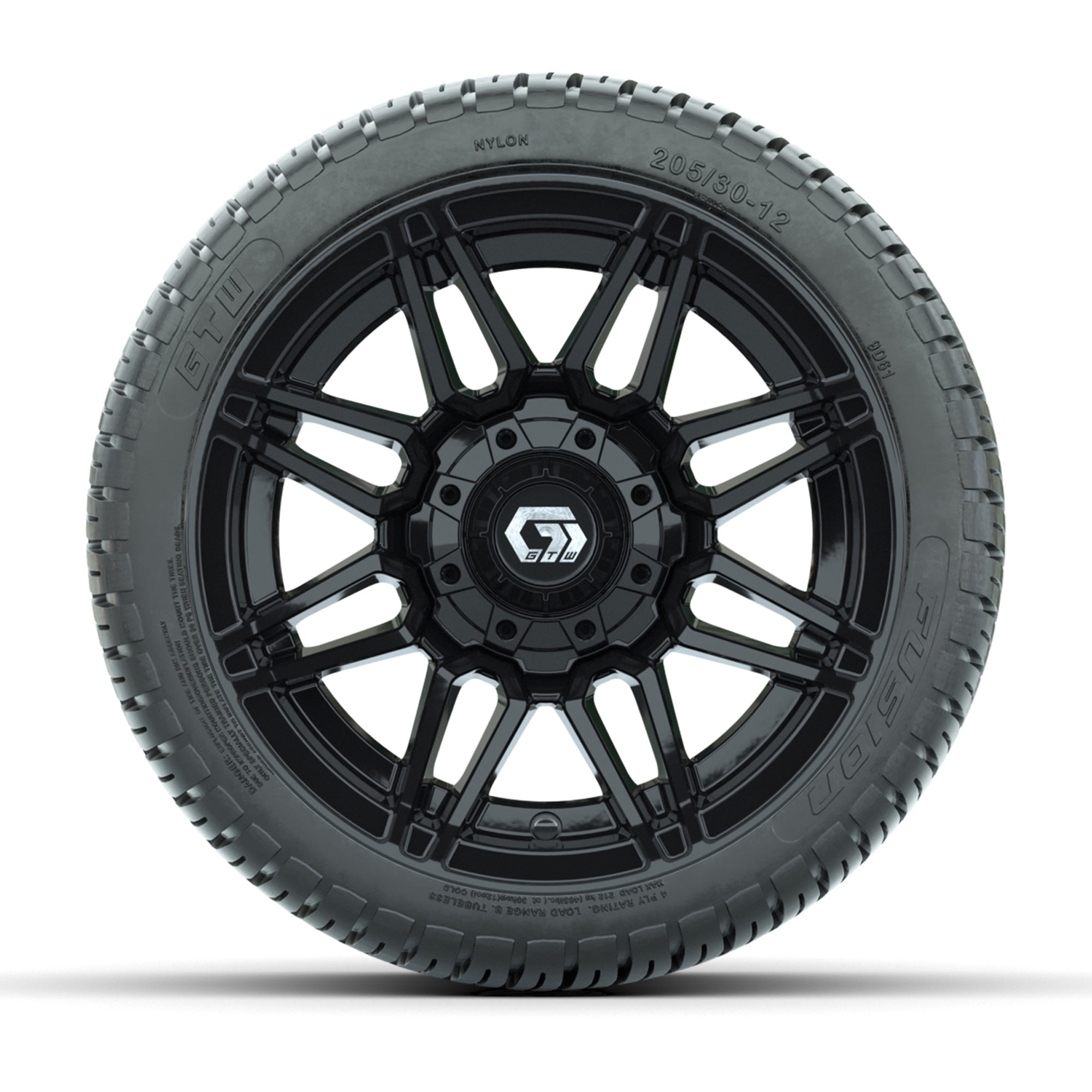 GTW® Stealth Black/Machined 12 in Wheels with 205/30-12 Fusion Street Tires – Full Set