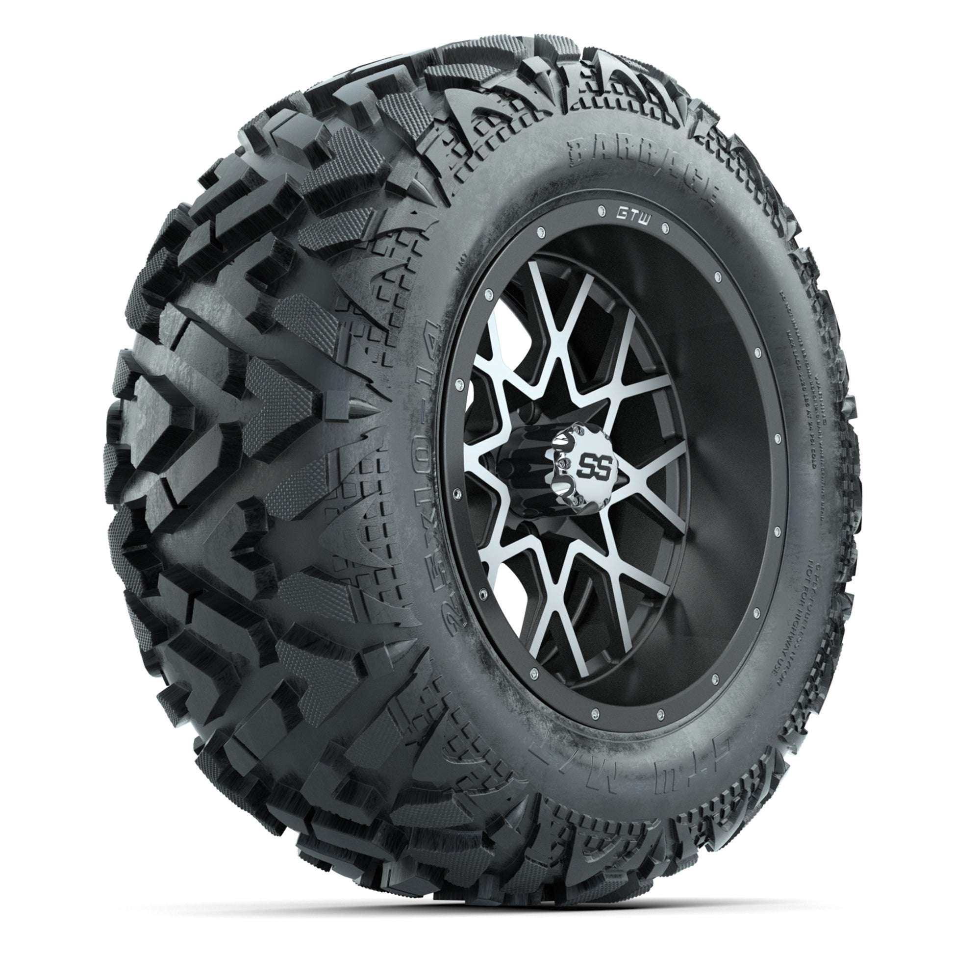 GTW Vortex Matte Gray/Machined 14 in Wheels with 25x10-14 Barrage Mud Tires – Full Set