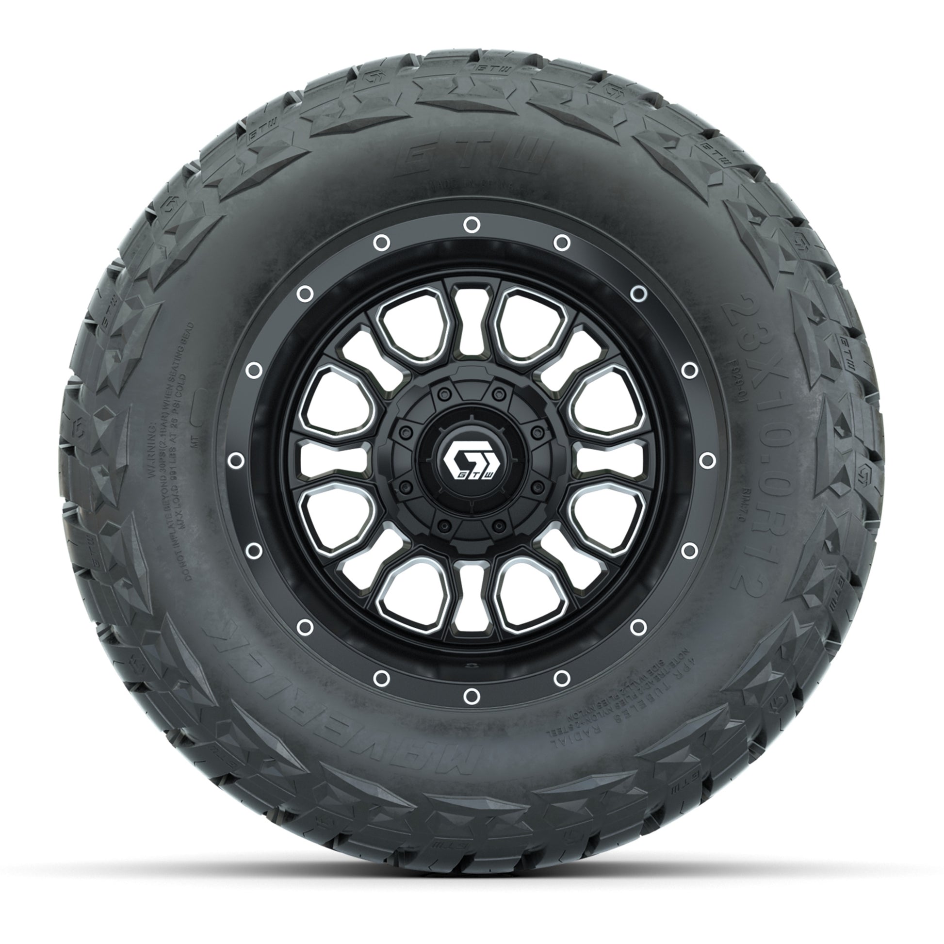 GTW Volt Black/Machined 12 in Wheels with 23x10.00-R12 Maverick All-Terrain Tires – Full Set