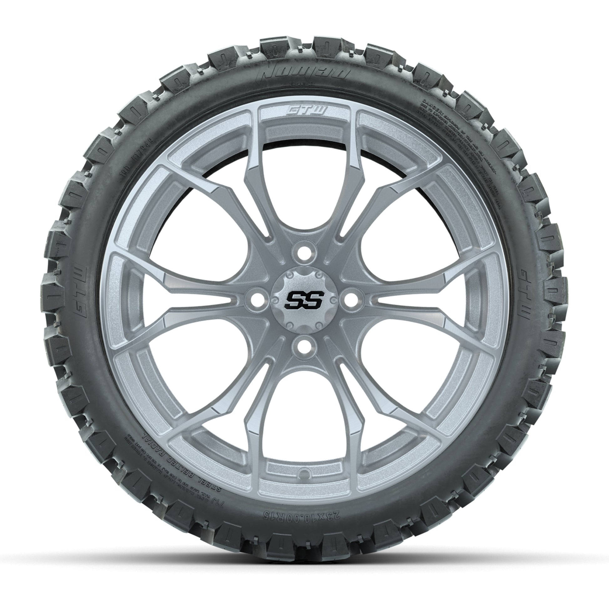 GTW Spyder Silver Brush 15 in Wheels with 23x10-R15 Nomad St - front view