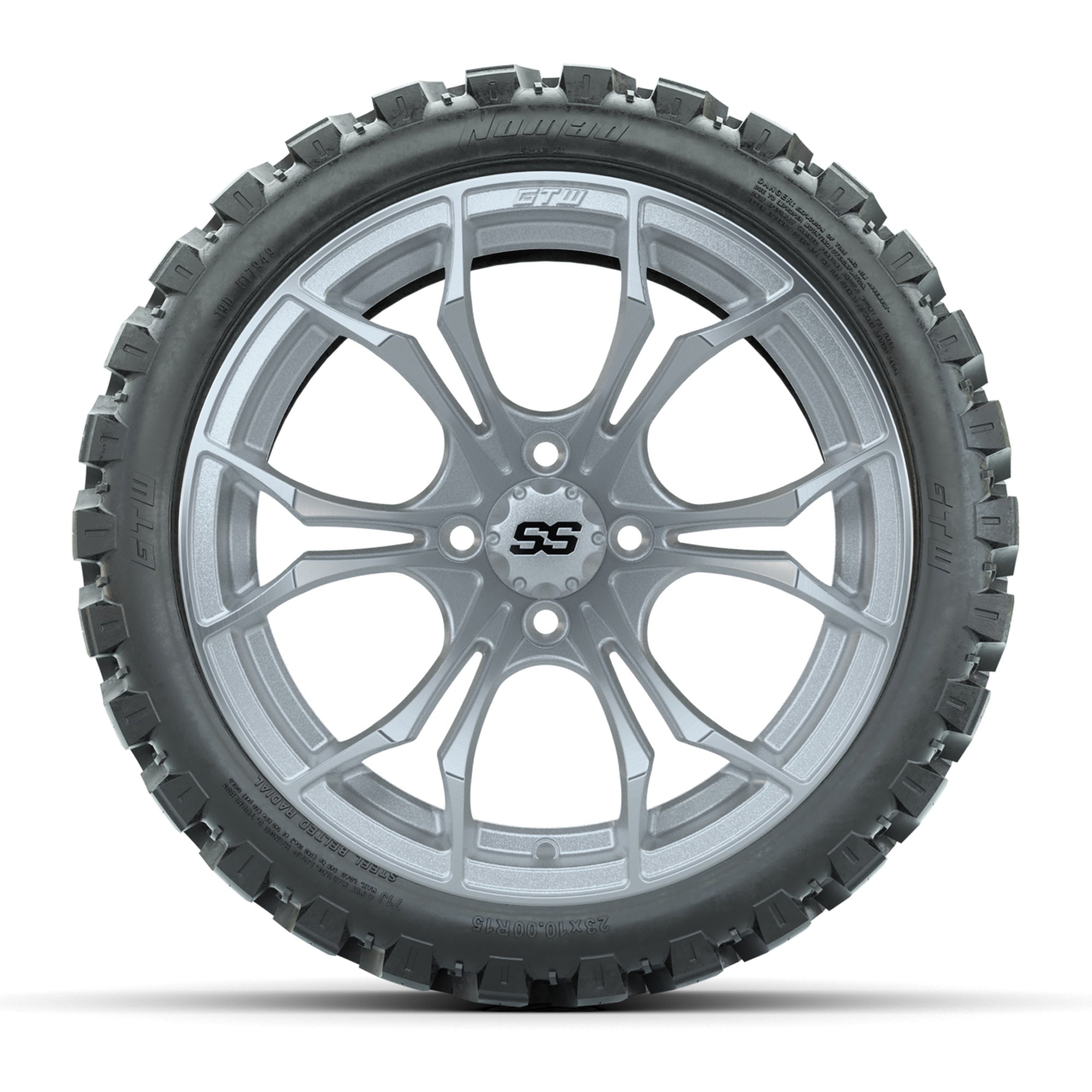 GTW Spyder Silver Brush 15 in Wheels with 23x10-R15 Nomad St - 3/4 view