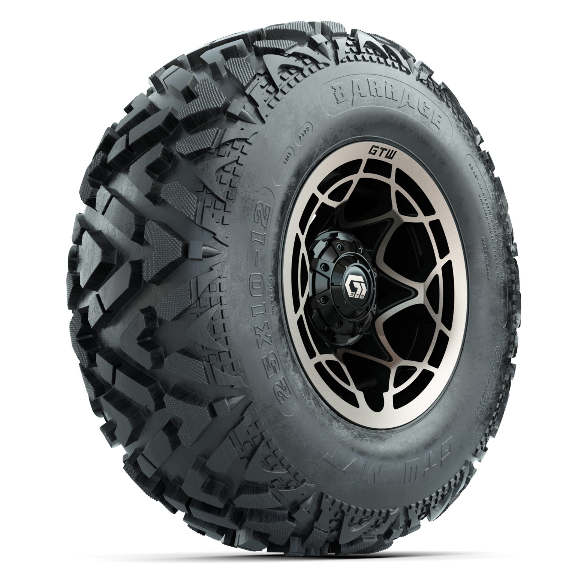 GTW® Nexus Black/Bronze 12 in Wheels with 25X10-12 Barrage Mud Tires – Full Set