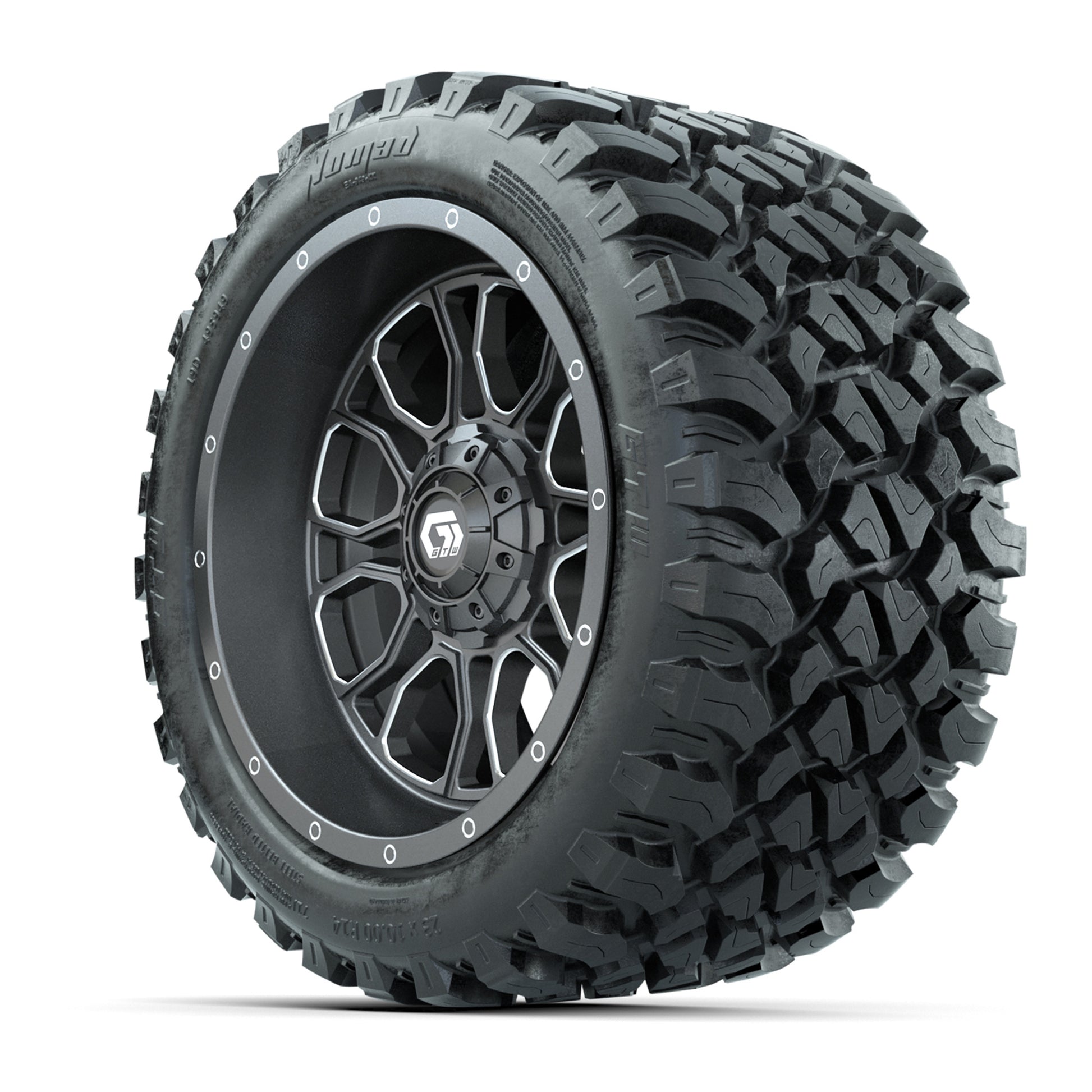 GTW Volt Gunmetal/Machined 14 in Wheels with 23x10-R14 Nomad - 3/4 view