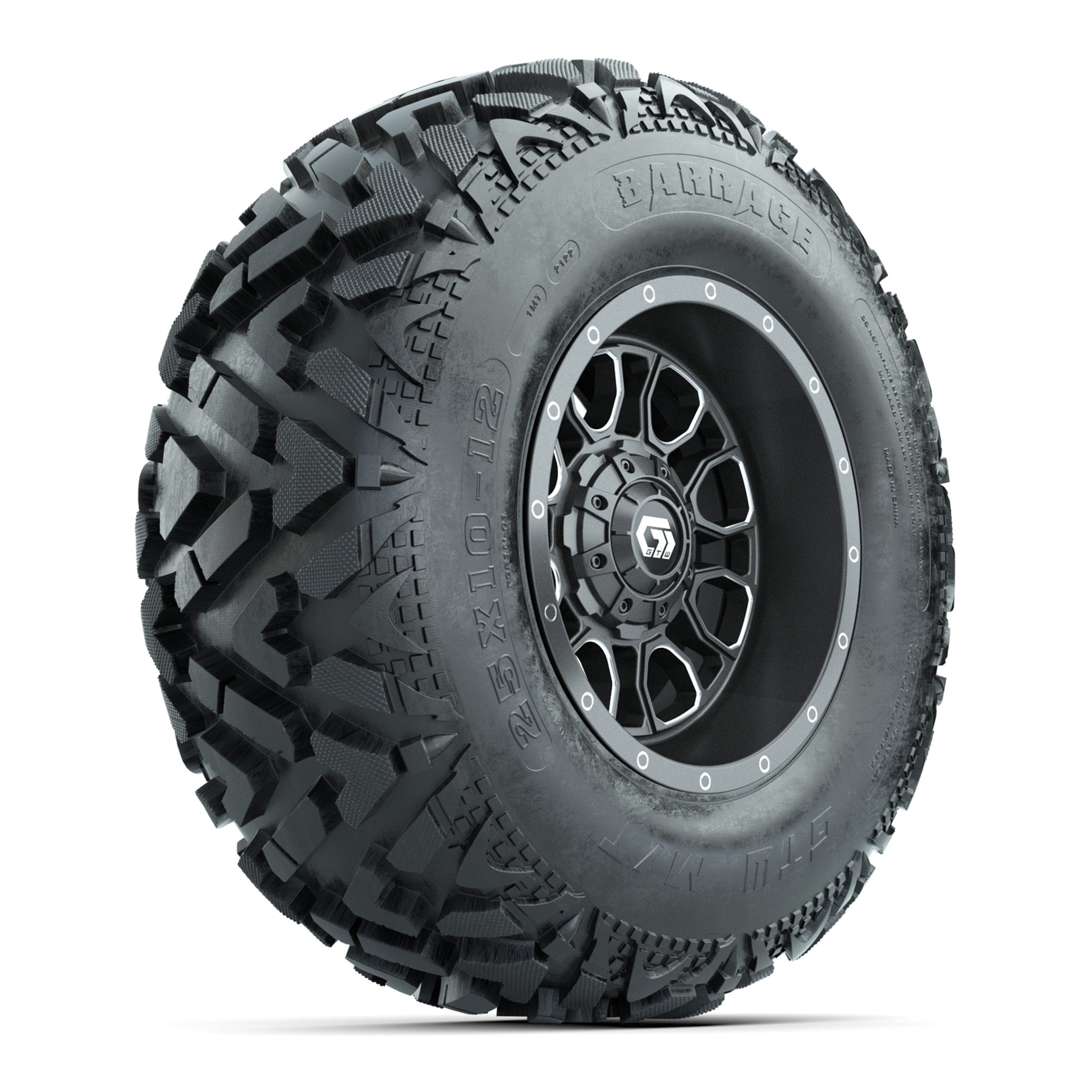 GTW® Volt Gunmetal 12 in Wheels with 25X10-12 Barrage Mud Tires – Full Set