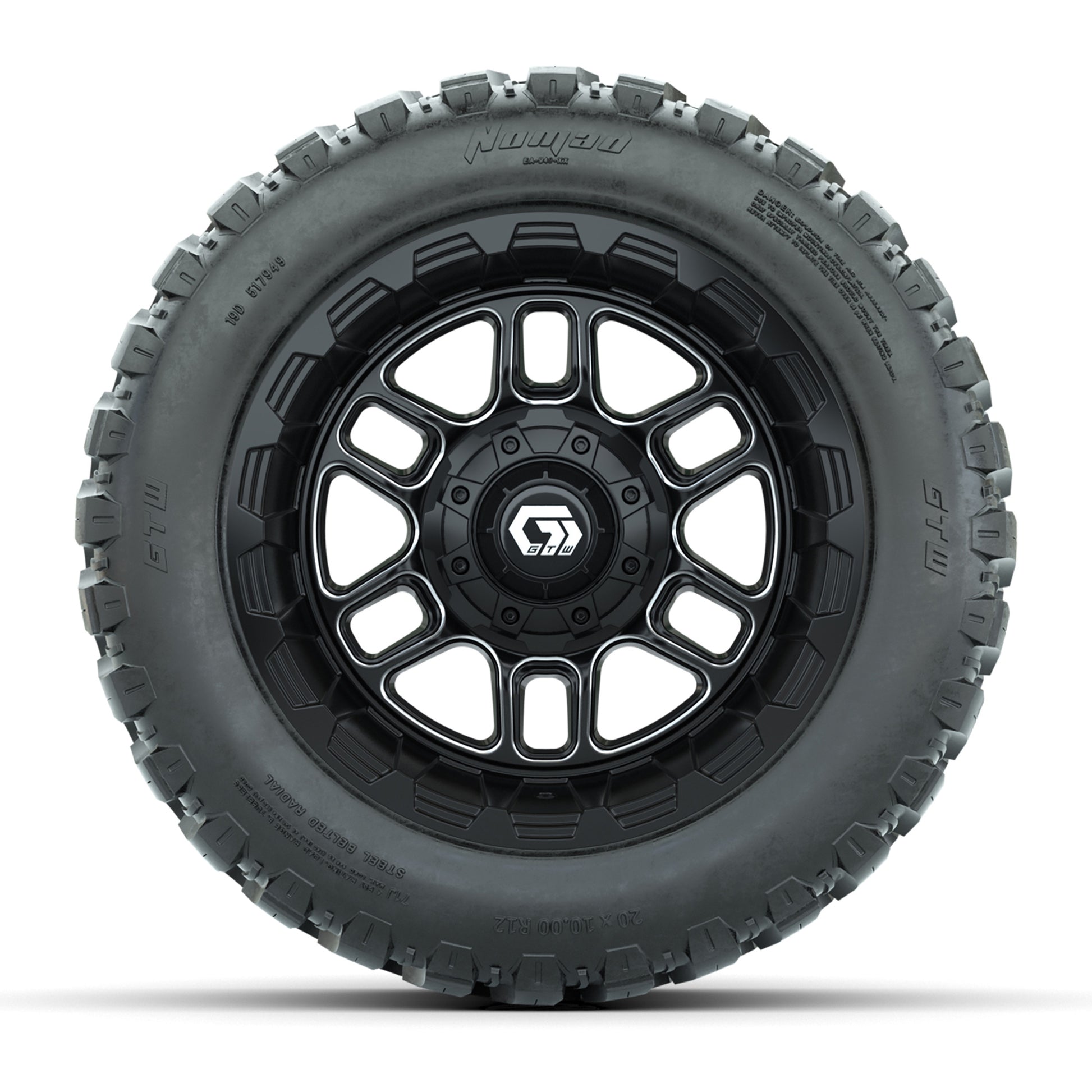 GTW® Titan Black/Machined 12 in Wheels with 20X10-12 Nomad Steel Belt Radial All-Terrain Tires – Full Set