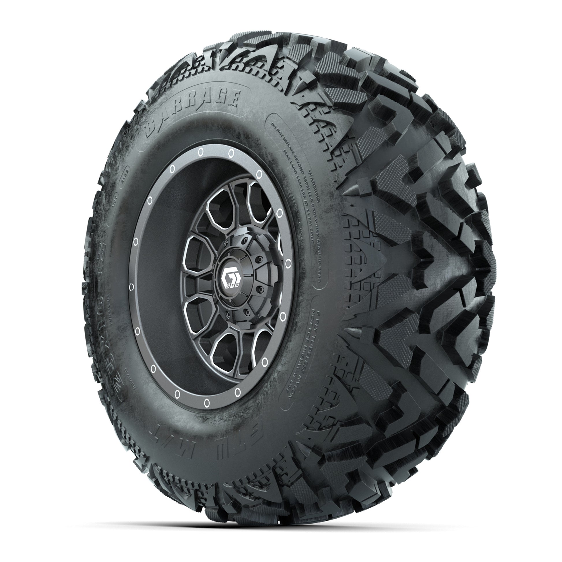 GTW® Volt Gunmetal 12 in Wheels with 25X10-12 Barrage Mud Tires – Full Set