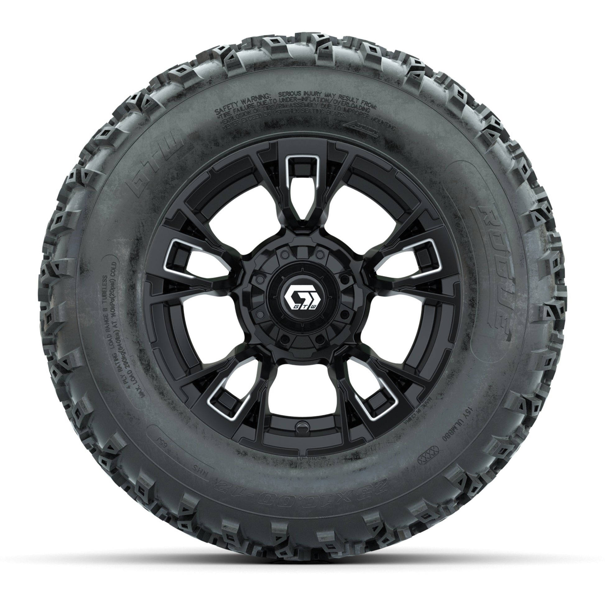 GTW® Vandal Matte Black/Machined 12 in Wheels with 23X10.00-12 Rogue All-Terrain Tires – Full Set