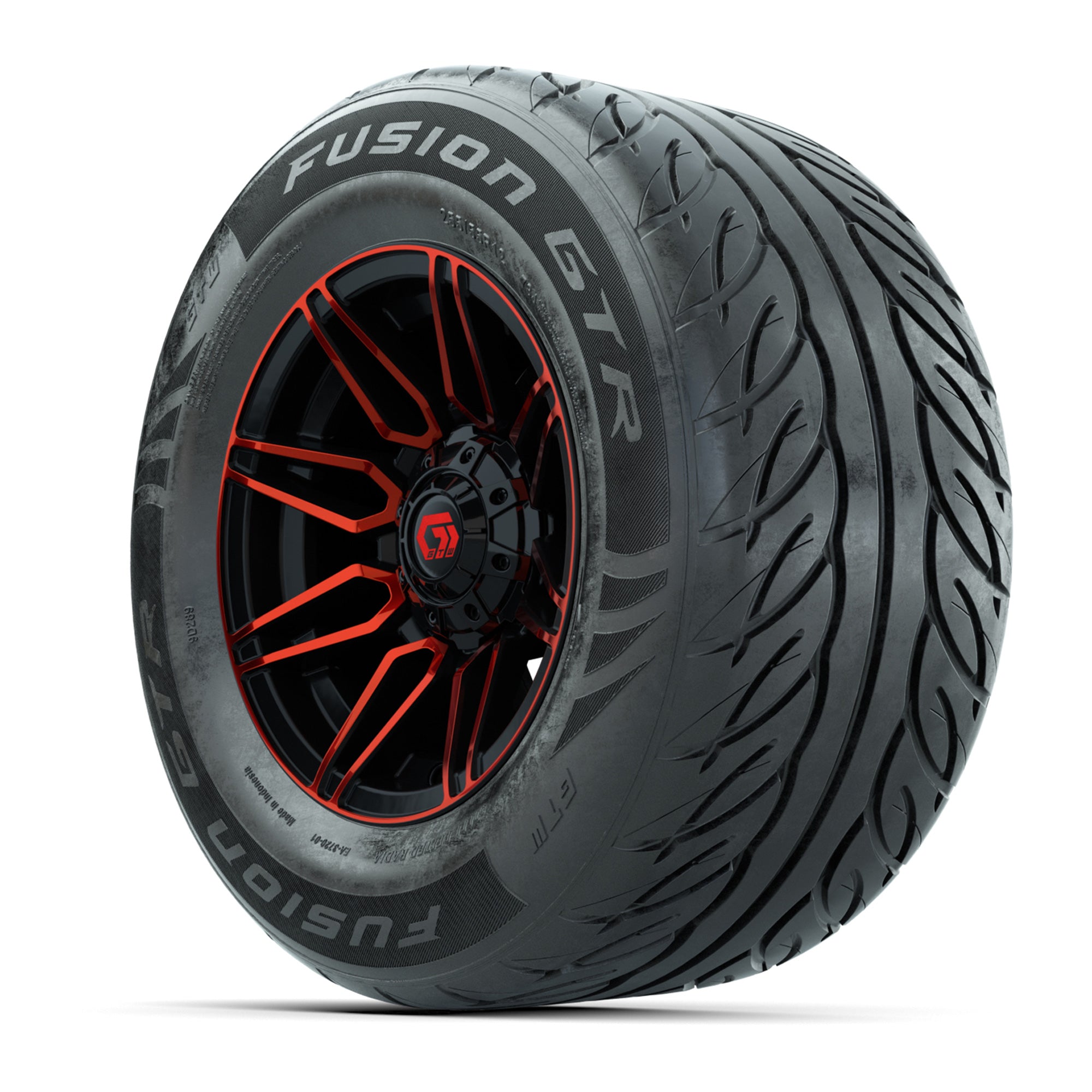 GTW® Stealth Red/Machined 12 in Wheels with 255/55-R12 Fusion GTR Steel Belt Radial Street Tires – Full Set
