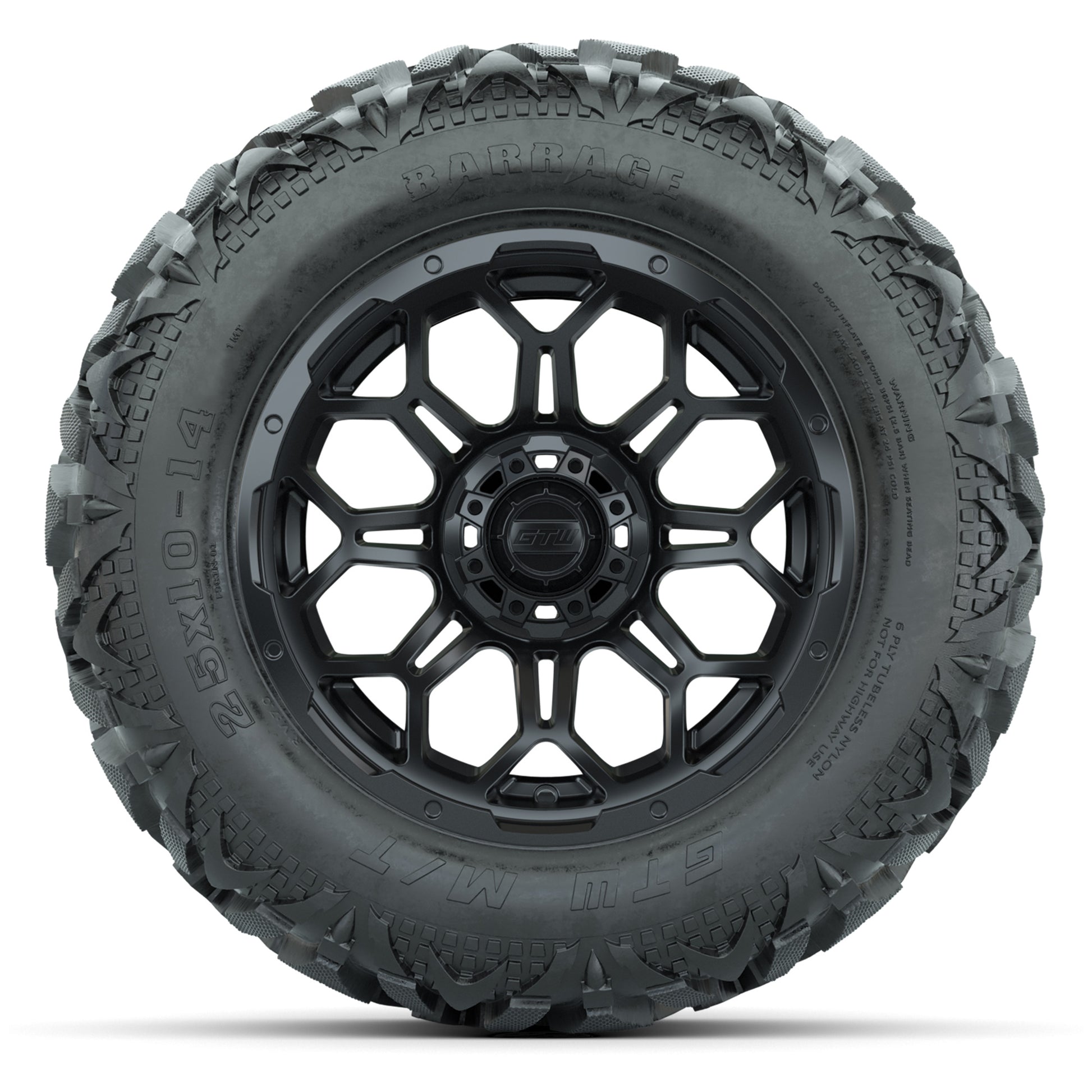 GTW Bravo Matte Black 14 in Wheels with 25x10-14 Barrage Mud - front view