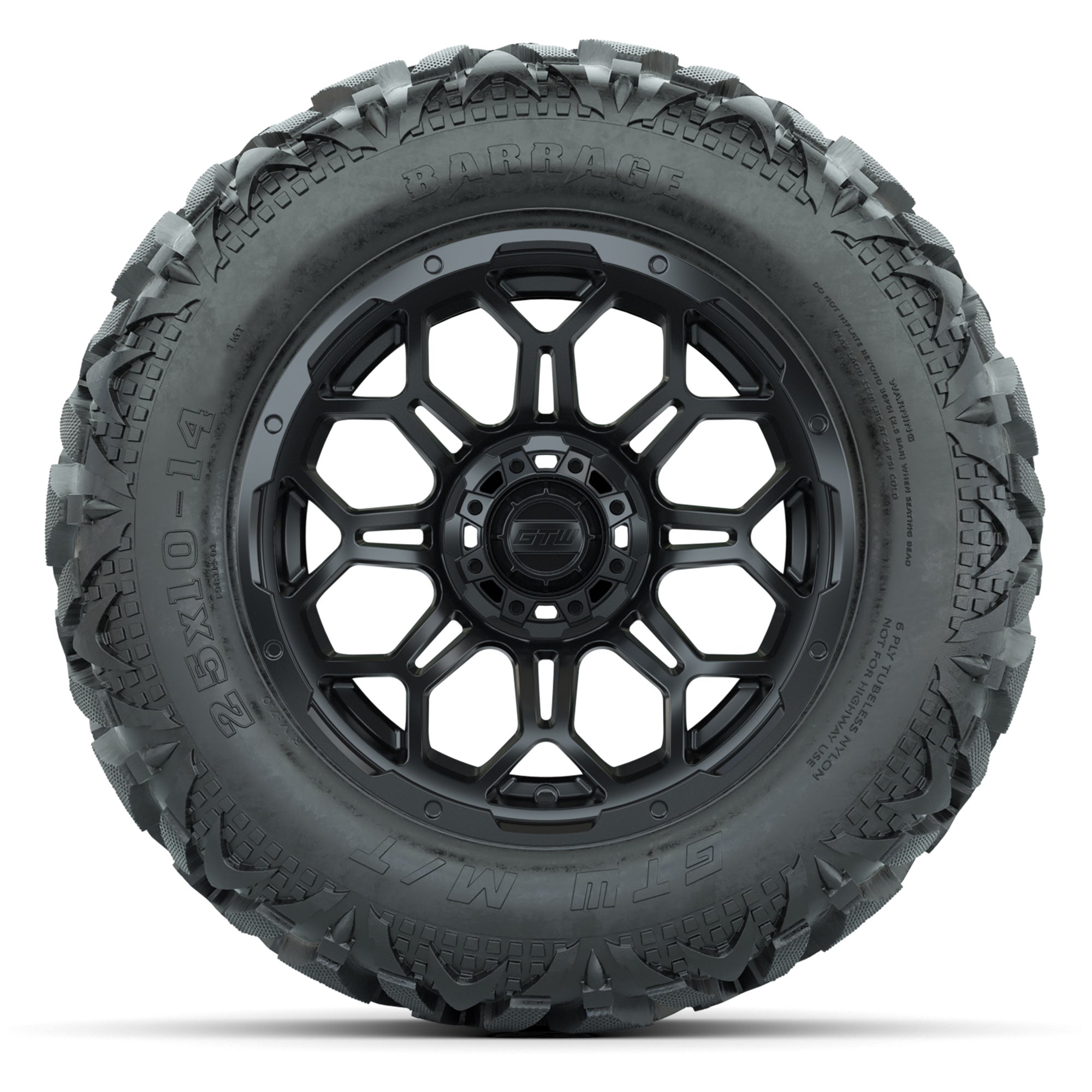 GTW Bravo Matte Black 14 in Wheels with 25x10-14 Barrage Mud - 3/4 view
