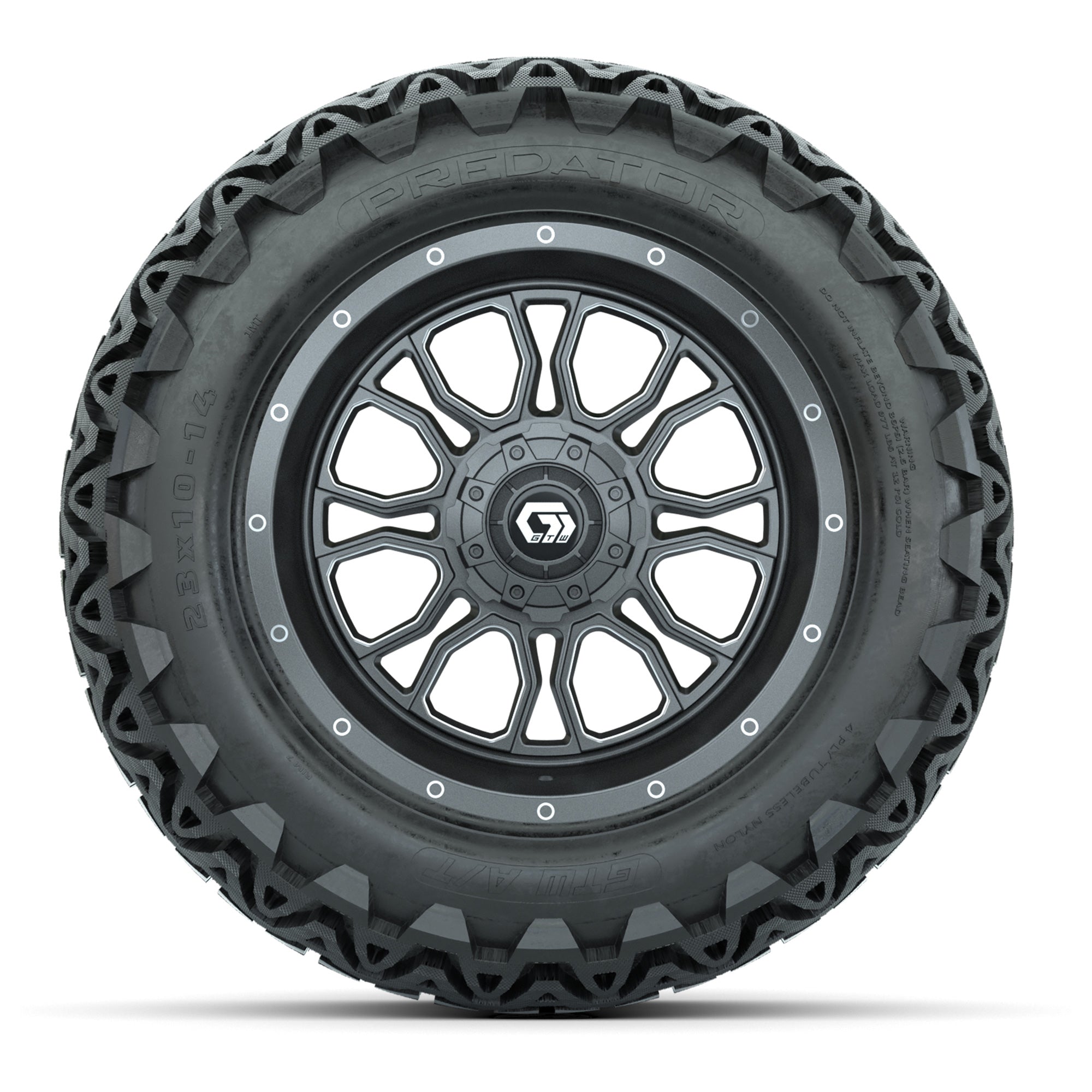GTW Volt Gunmetal/Machined 14 in Wheels with 23x10-14 Predat - 3/4 view