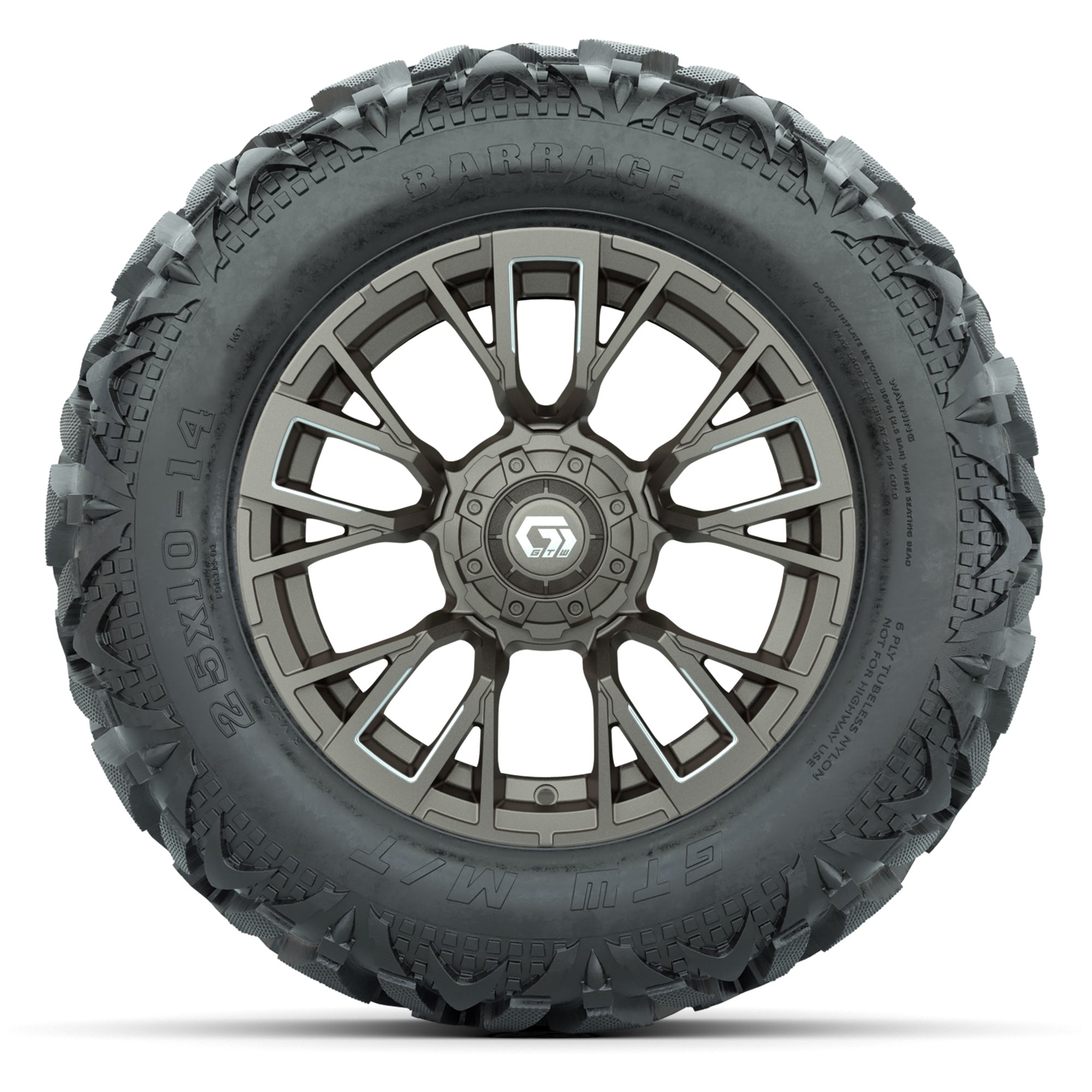 GTW Vandal Bronze/Machined 14 in Wheels with 25x10-14 Barrag - 3/4 view