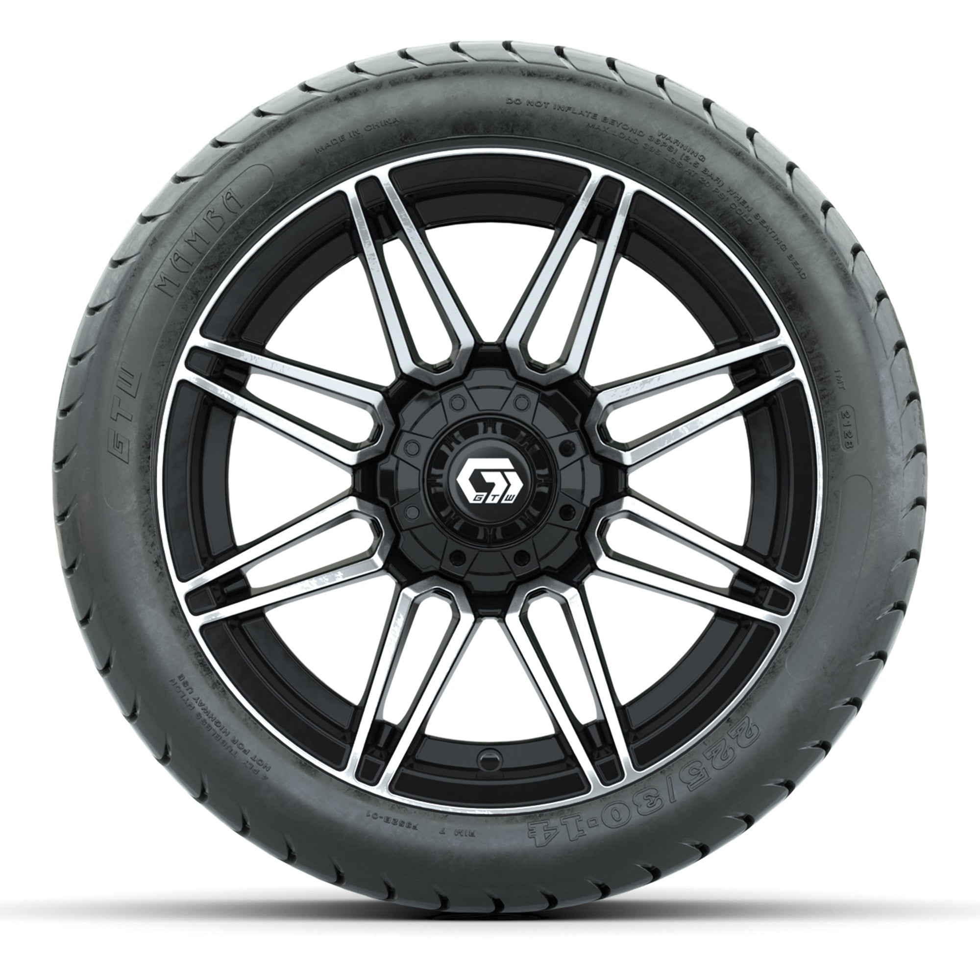 GTW Stealth Black/Machined 14 in Wheels with 225/30-14 Mamba - 3/4 view