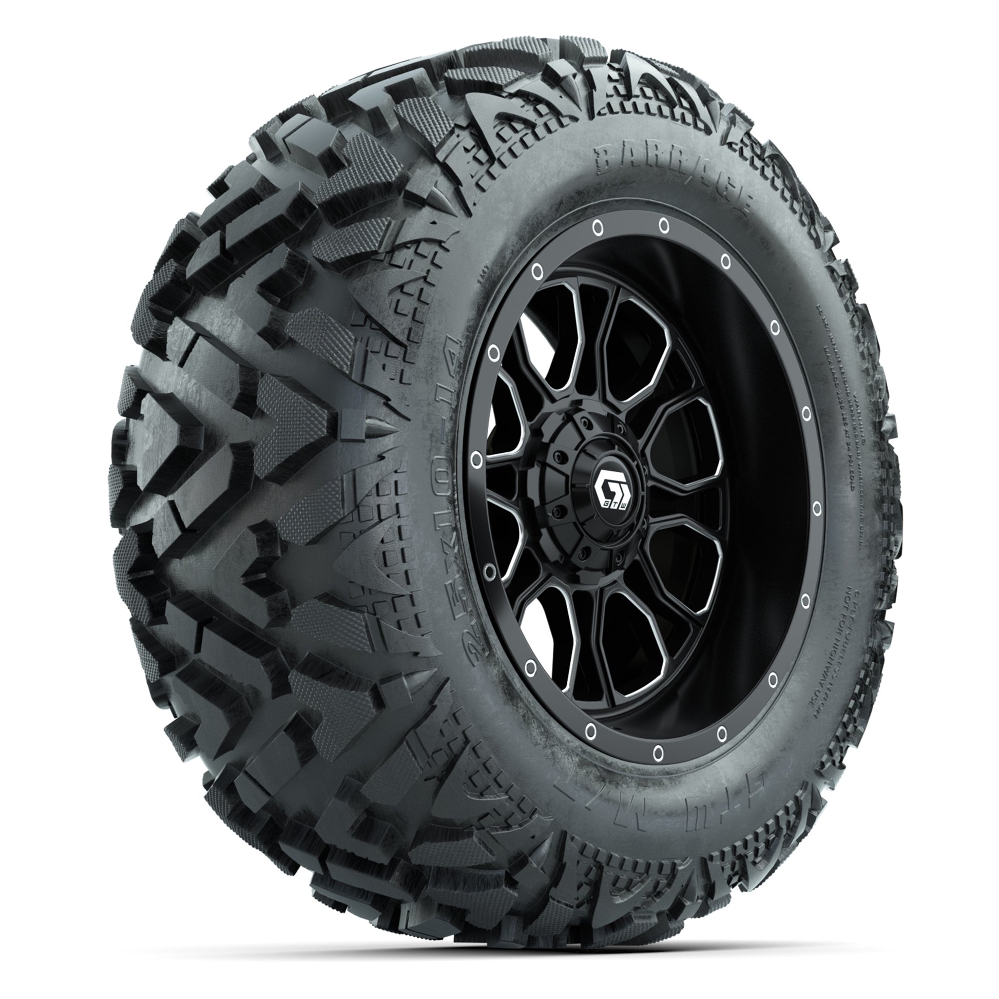 GTW Volt Black/Machined 14 in Wheels with 25x10-14 Barrage Mud Tires – Full Set