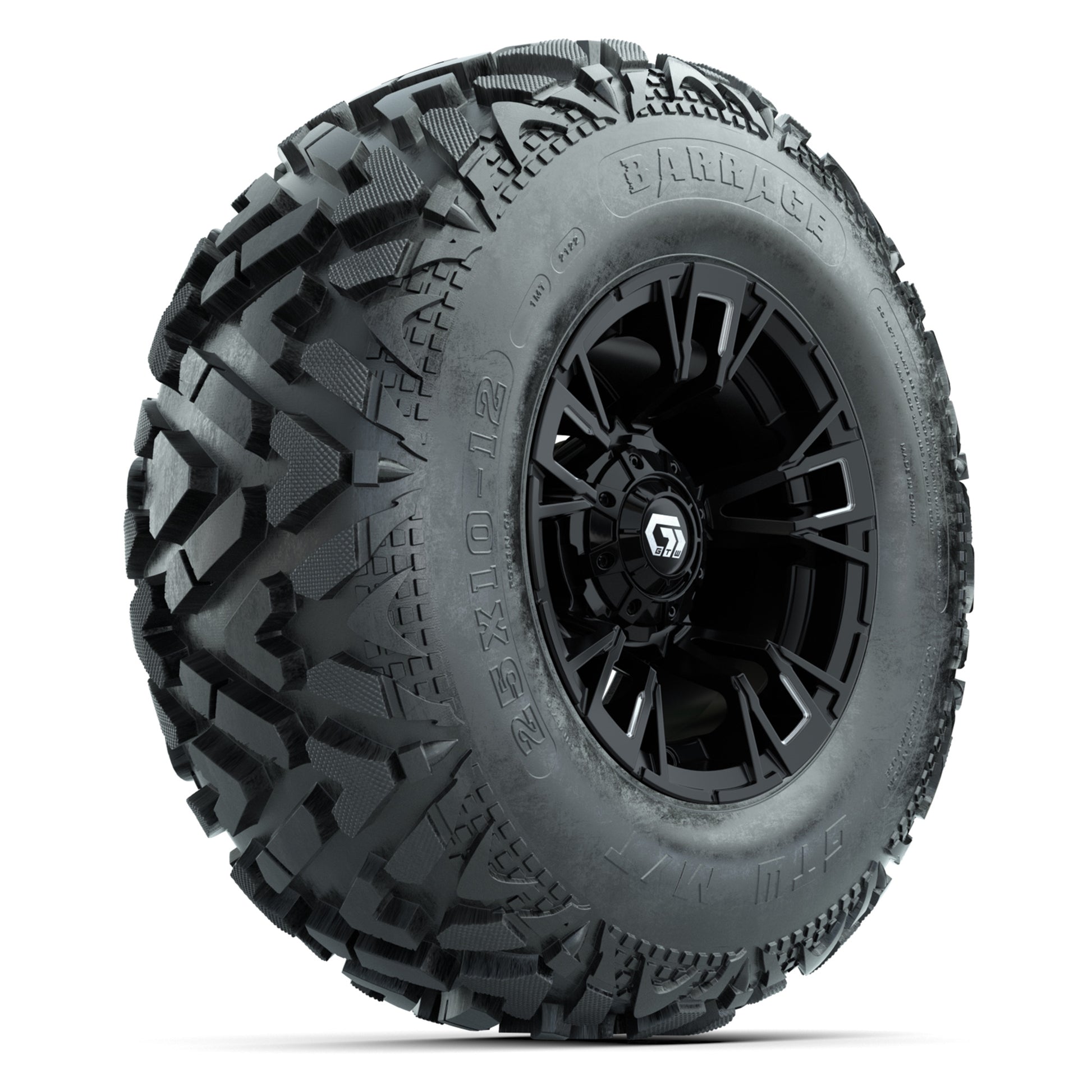 GTW® Vandal Matte Black/Machined 12 in Wheels with 25X10-12 Barrage Mud Tires – Full Set