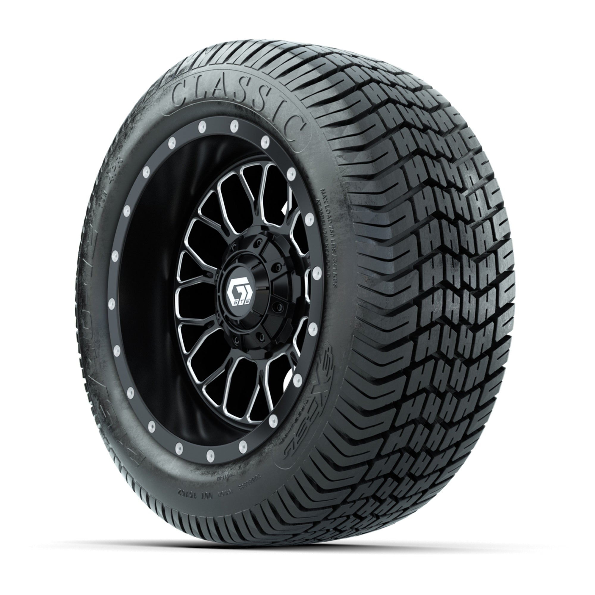 GTW® Helix Black/Machined 12 in Wheels with 215/40-12 Excel Classic Street Tires – Full Set