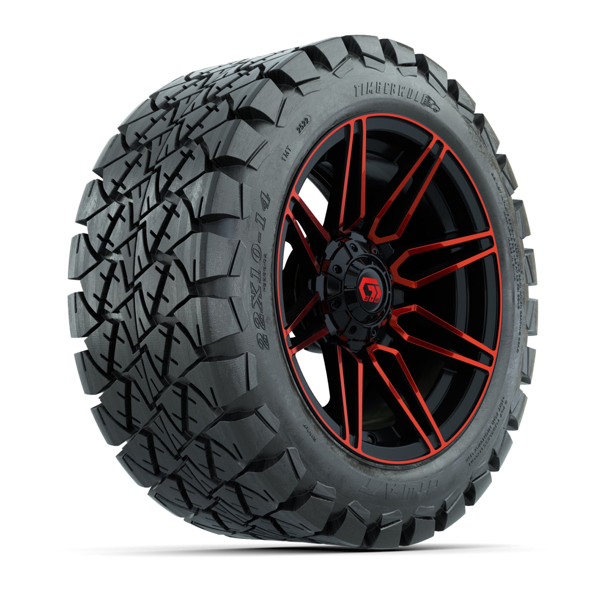 GTW® Stealth Gloss Black/Red 14 in Wheels with 22x10-14 Timberwolf All-Terrain Tires – Full Set