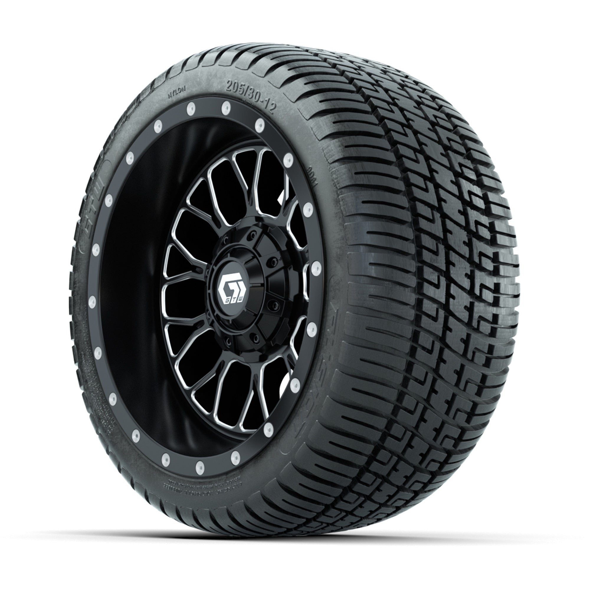 GTW® Helix Black/Machined 12 in Wheels with 205/30-12 Fusion Street Tires – Full Set