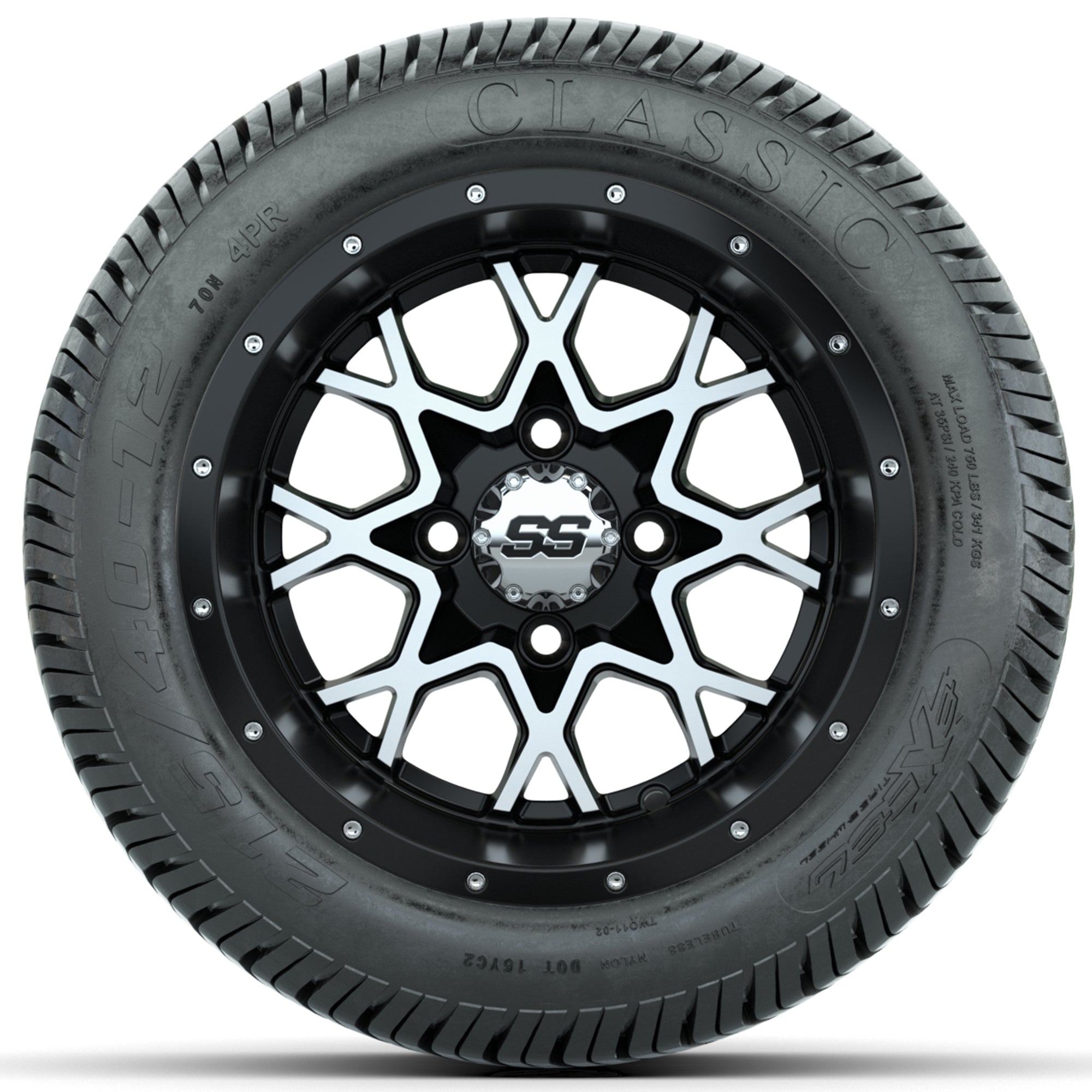Set of (4) 12 in GTW Vortex Wheels with 215/40-12 Excel Classic Street Tires