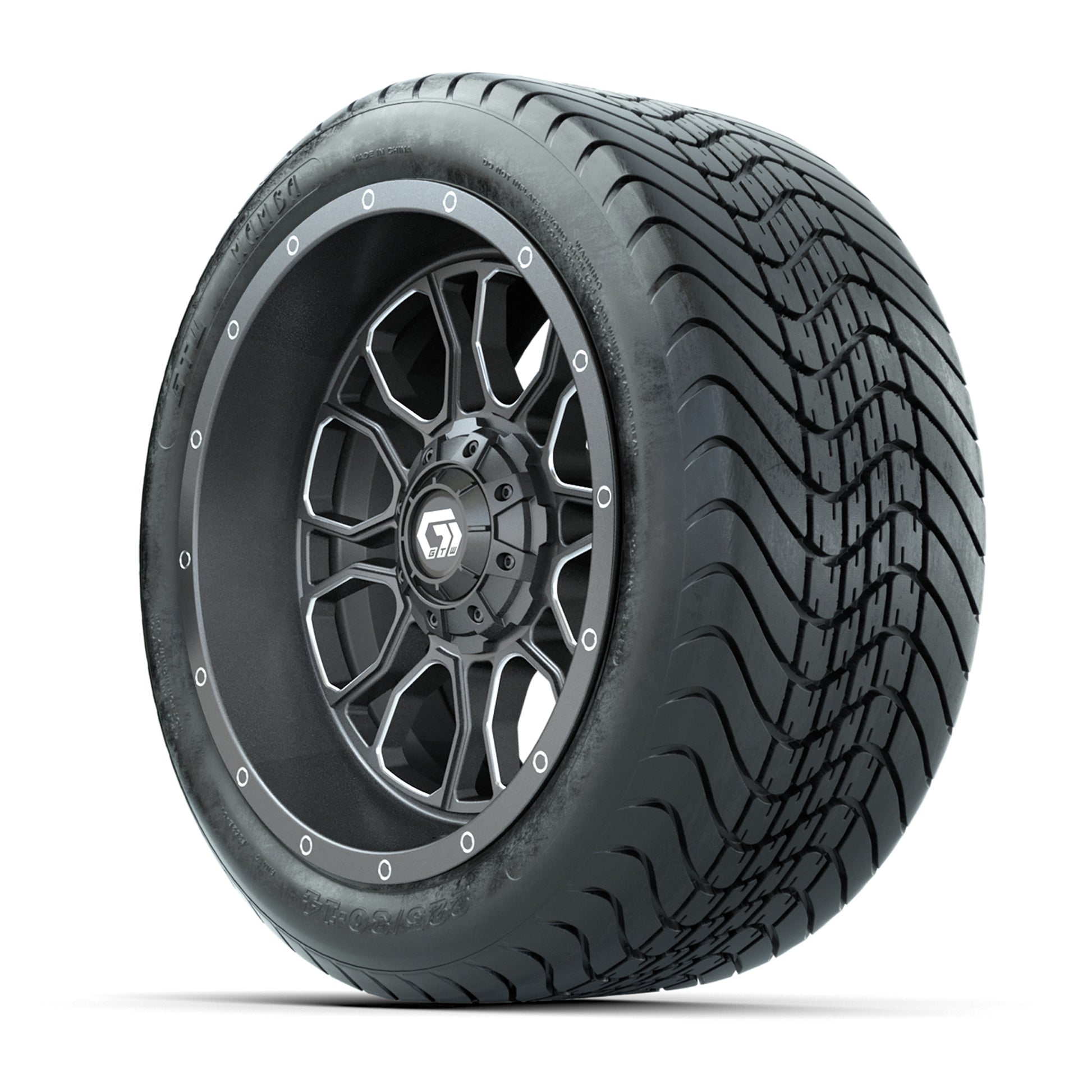 GTW Volt Gunmetal/Machined 14 in Wheels with 225/30-14 Mamba - 3/4 view