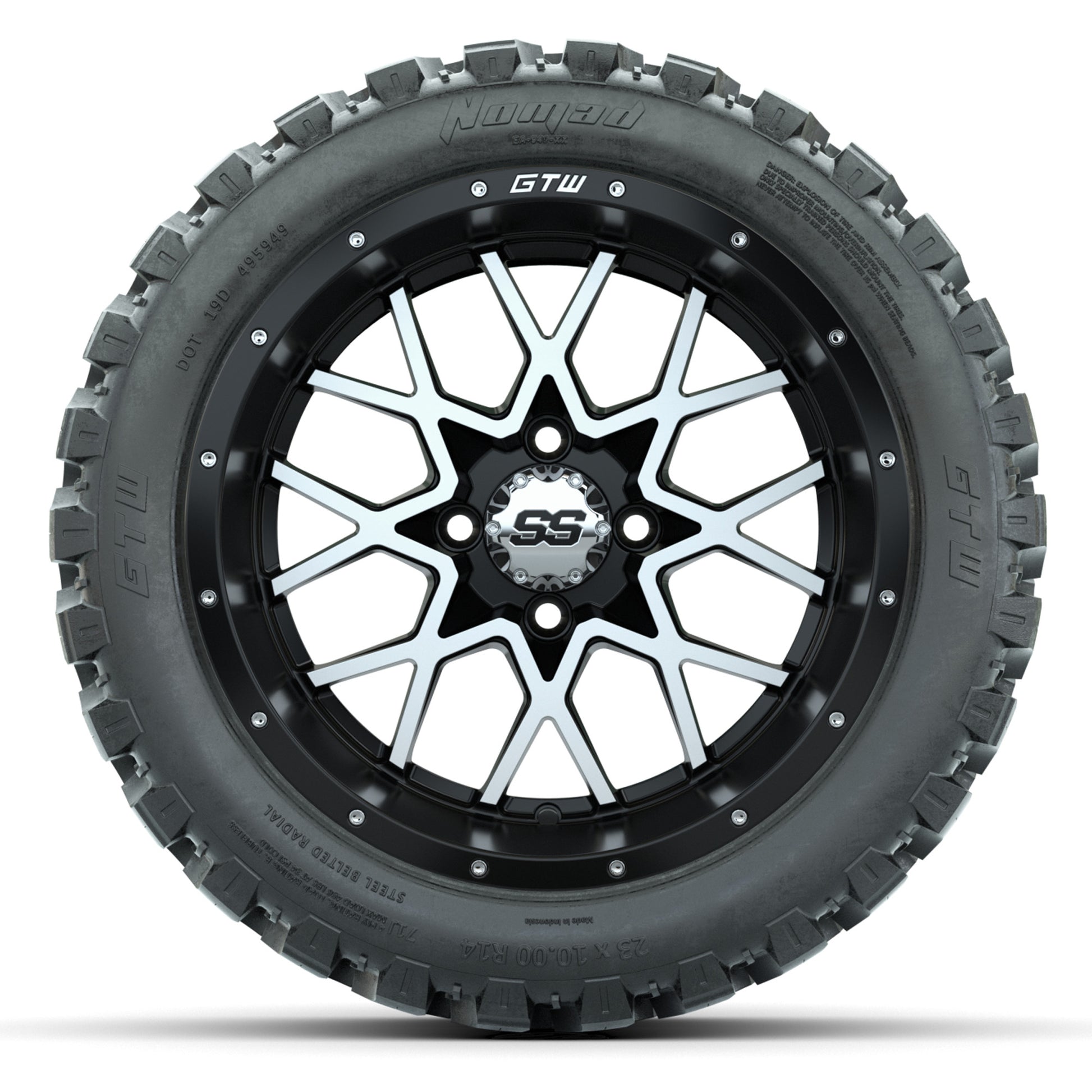 Set of (4) 14 in GTW Vortex Wheels with 23x10-14 GTW Nomad A - front view