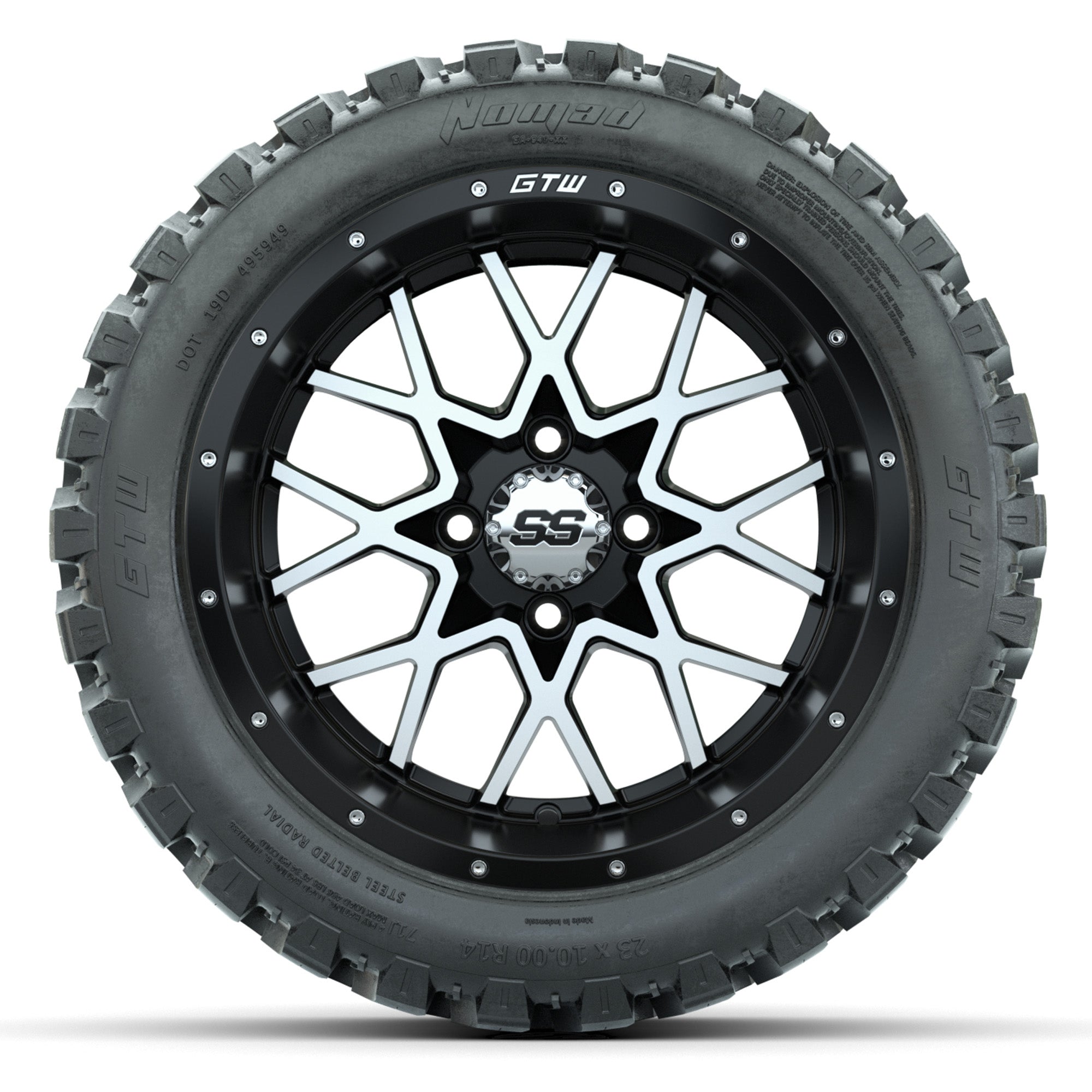 Set of (4) 14 in GTW Vortex Wheels with 23x10-14 GTW Nomad A - 3/4 view