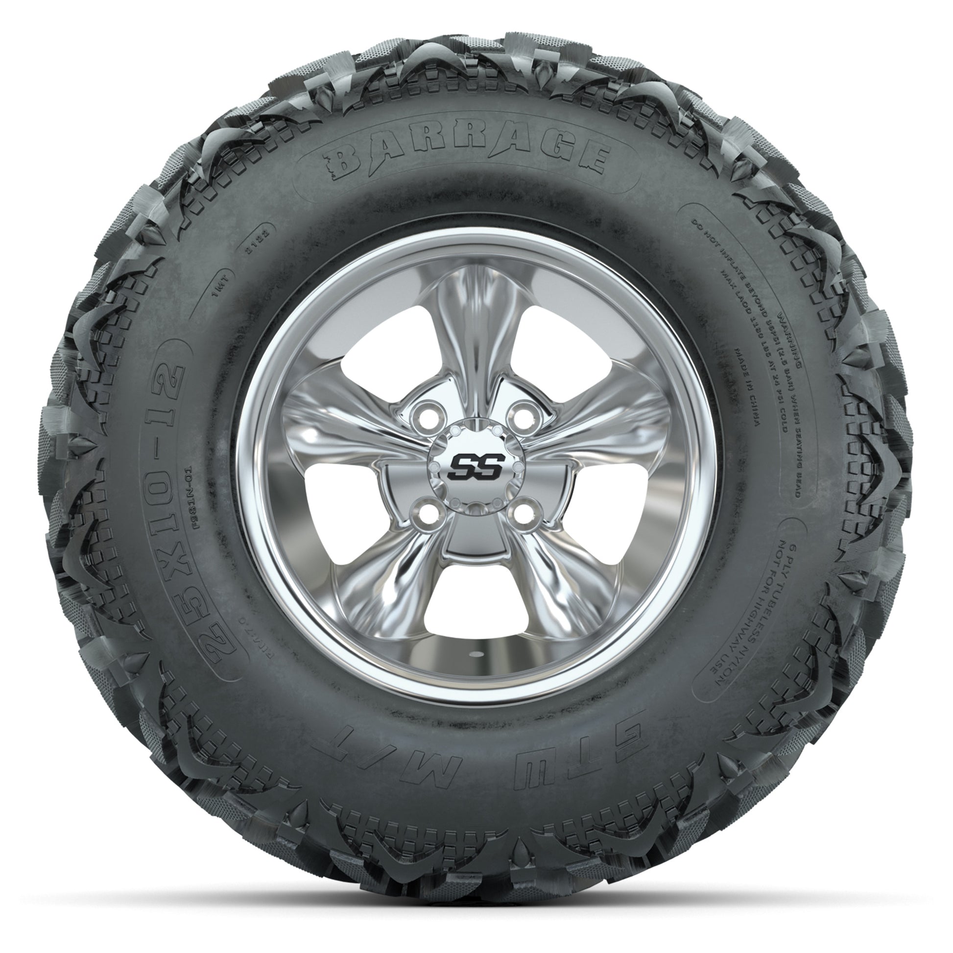 GTW® Godfather Chrome 12 in Wheels with 25X10-12 Barrage Mud Tires – Full Set