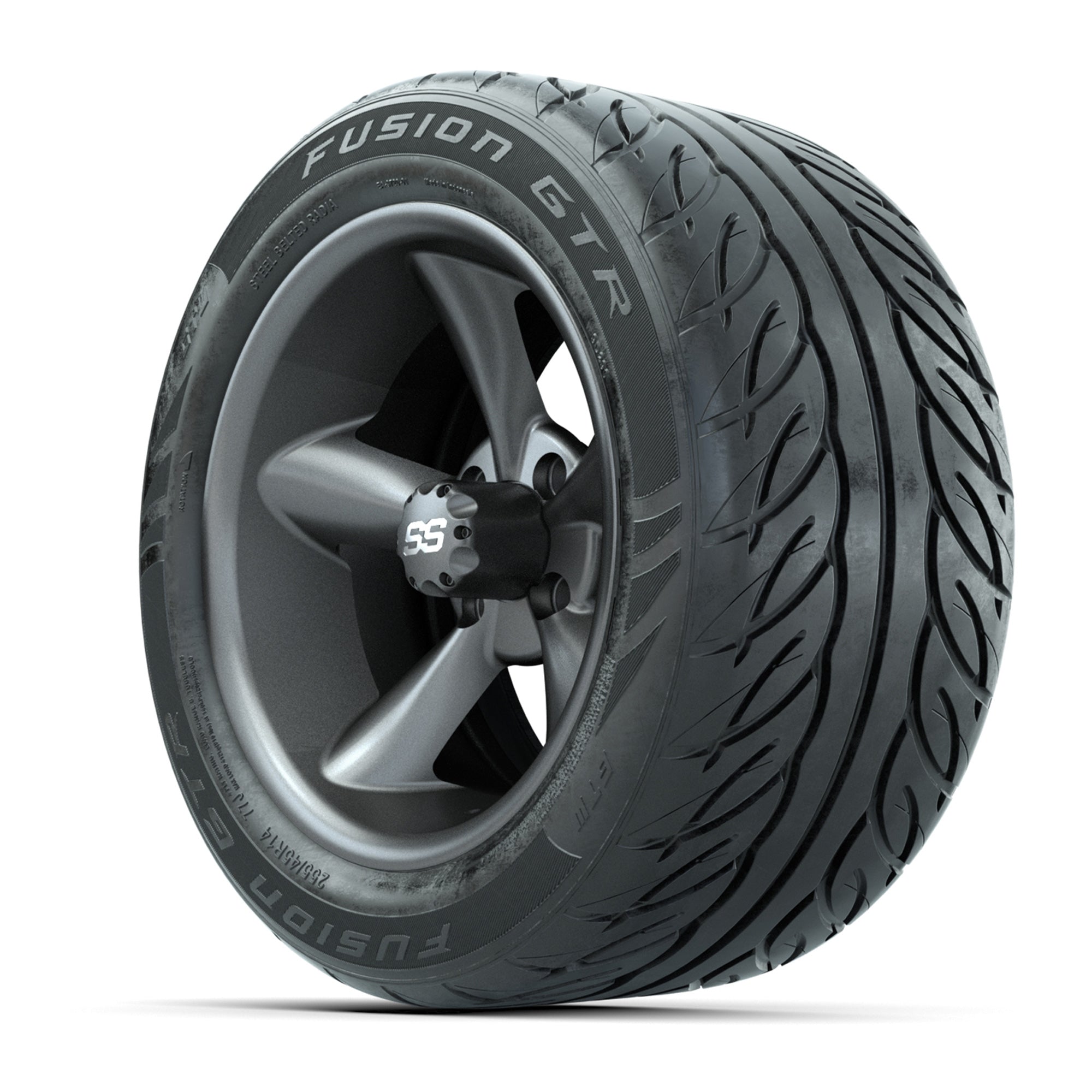 GTW® Godfather Matte Gray 14 in Wheels with 255/45-R14 Fusio - 3/4 view