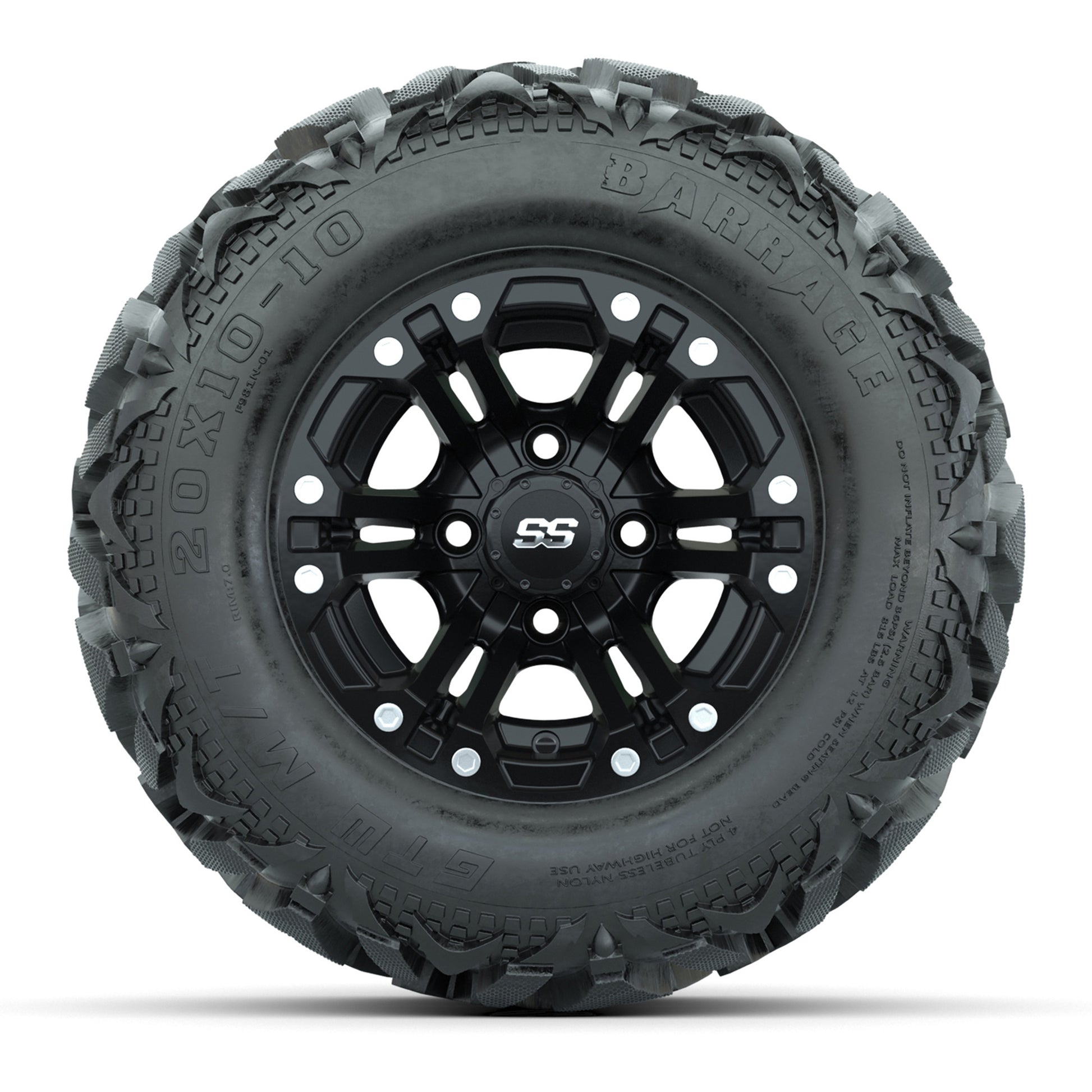 Set of (4) GTW® 10 inch Specter Matte Black Wheels on Barrage Mud Tires