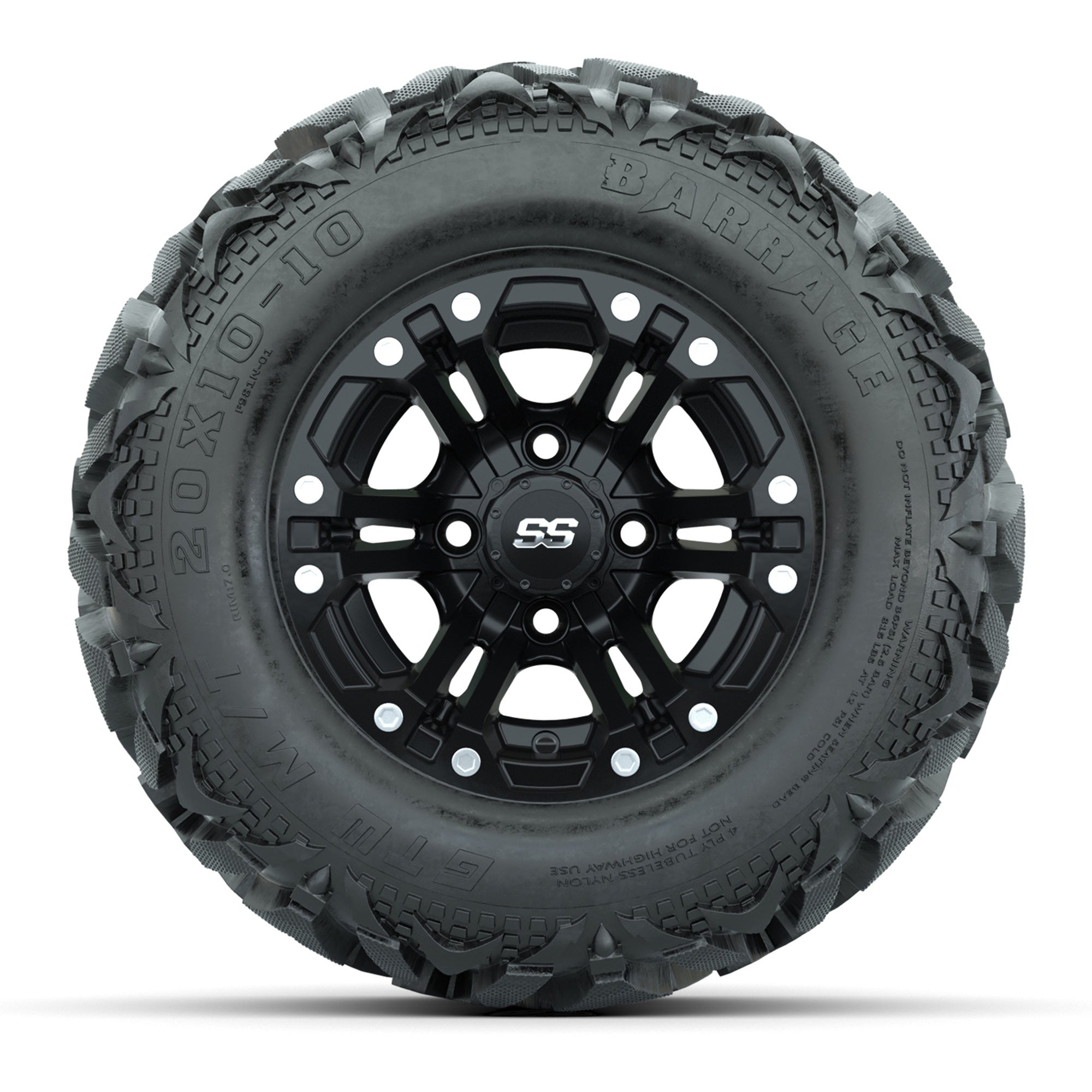 Set of (4) GTW® 10 inch Specter Matte Black Wheels on Barrage Mud Tires