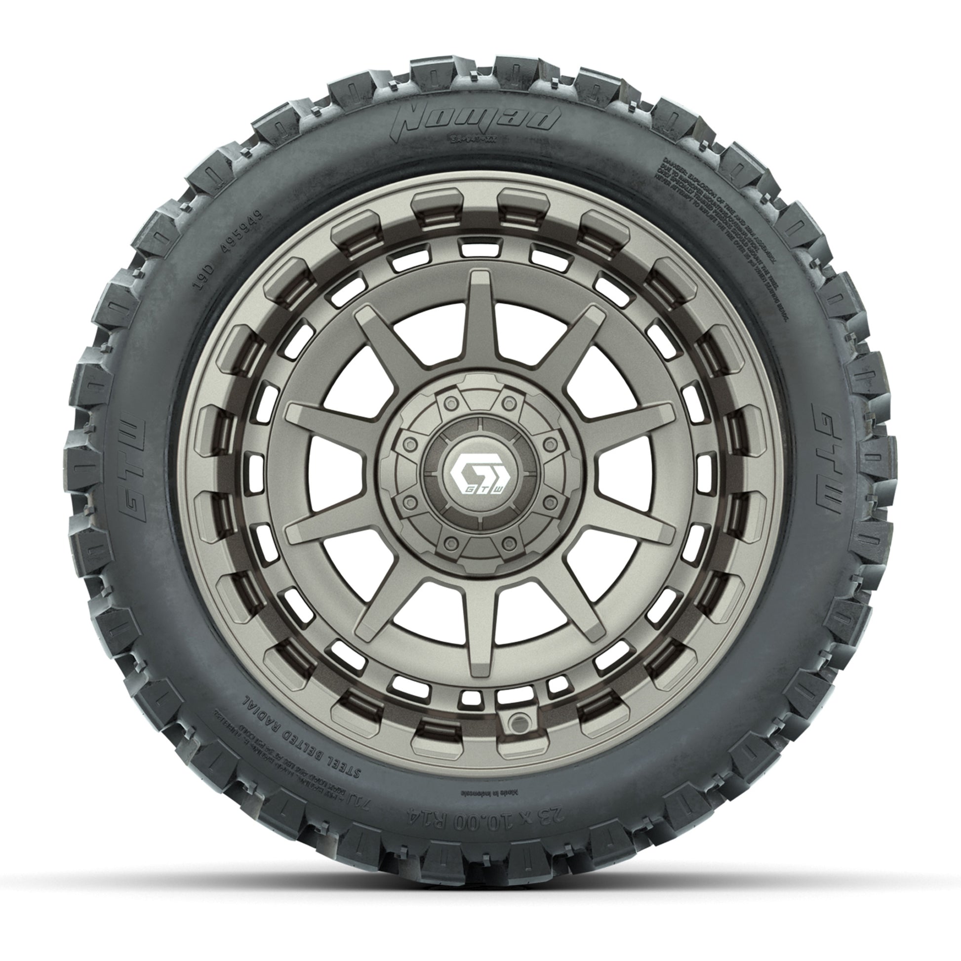GTW® Barricade Bronze 14 in Wheels with 23X10-R14 Nomad Stee - front view