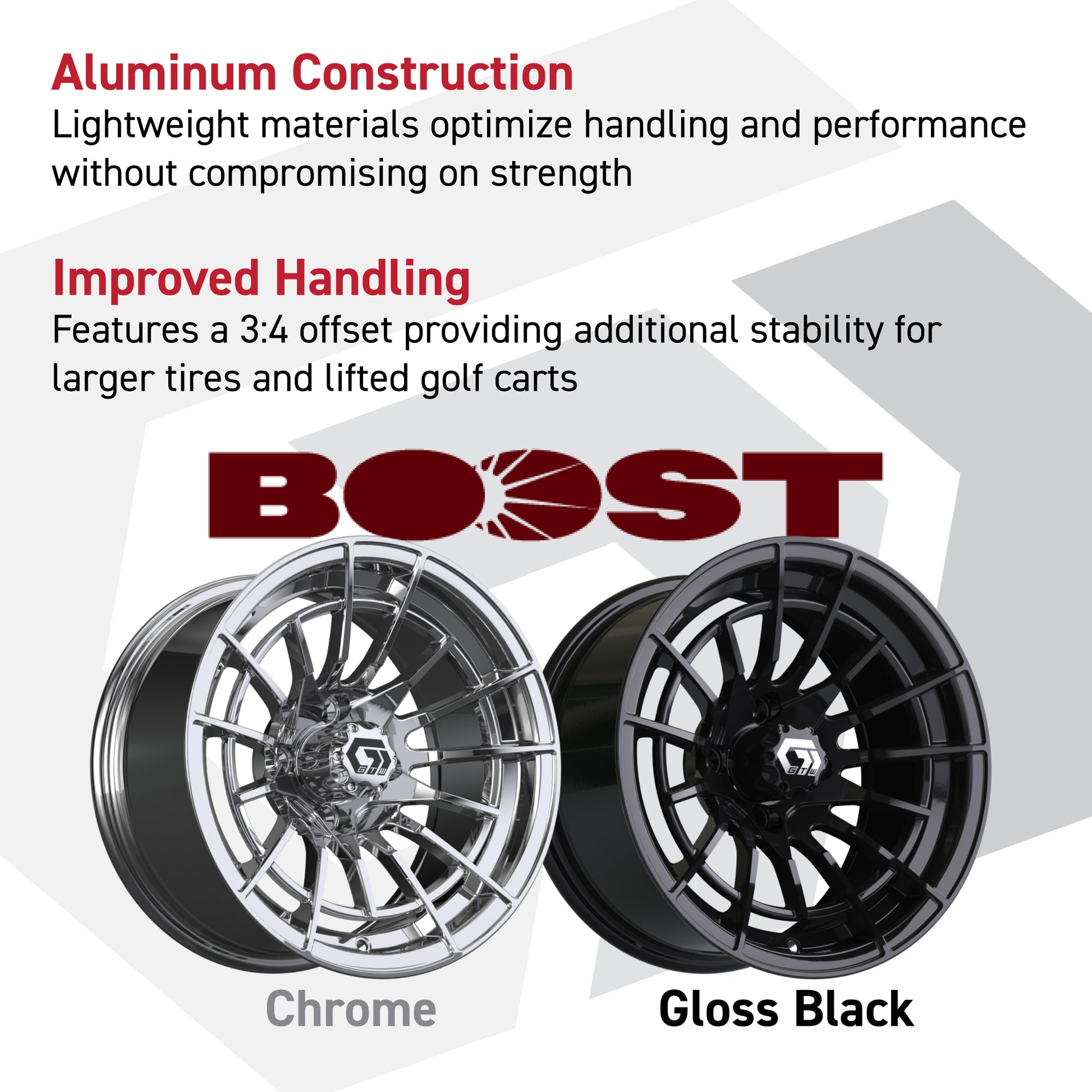 GTW® Boost Gloss Black 12 in Wheels with 23X10.00-12 Rogue All-Terrain Tires – Full Set