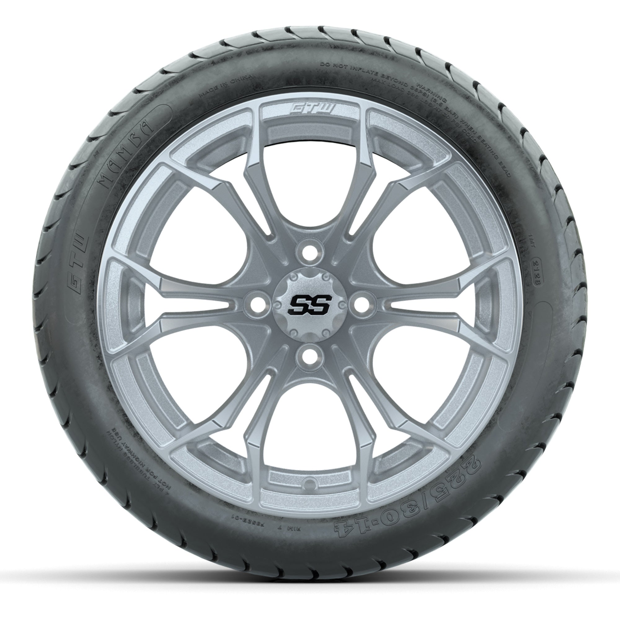 GTW Spyder Silver Brush 14 in Wheels with 225/30-14 Mamba St - 3/4 view