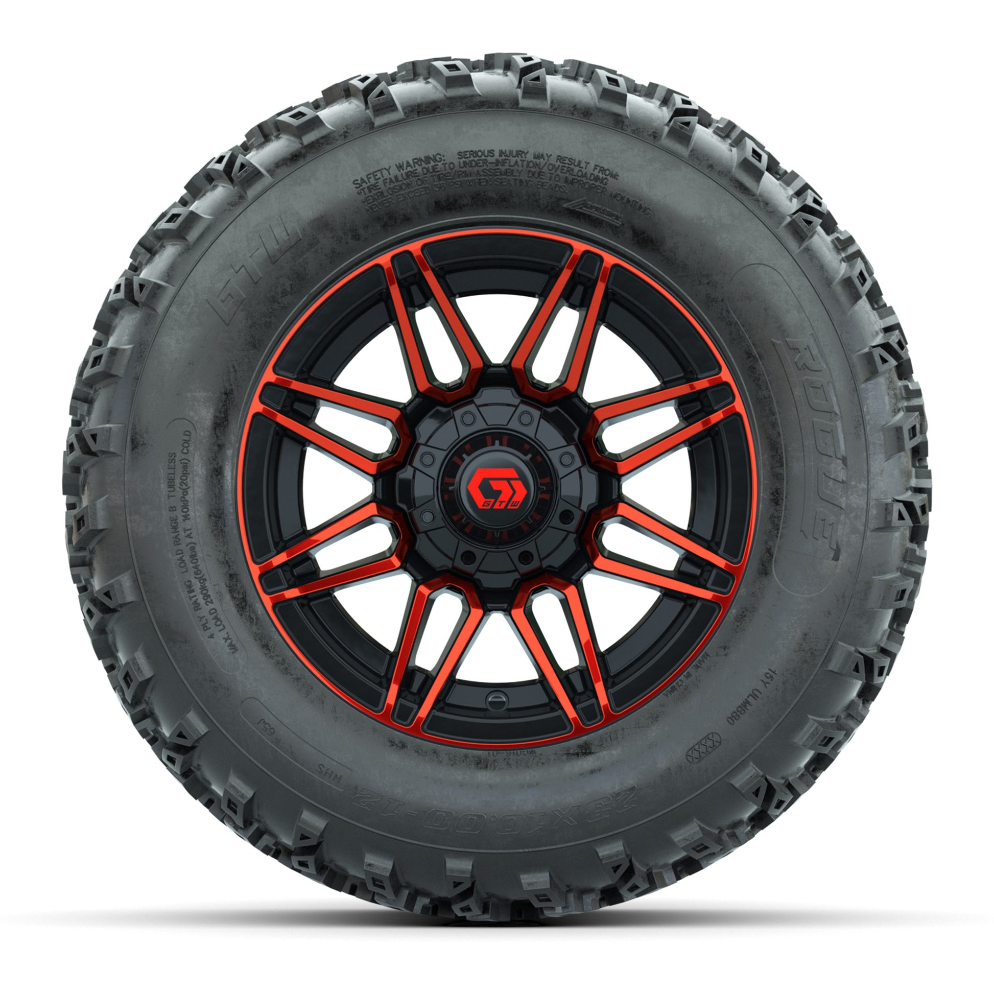 GTW® Stealth Red/Machined 12 in Wheels with 23X10.00-12 Rogue All-Terrain Tires – Full Set
