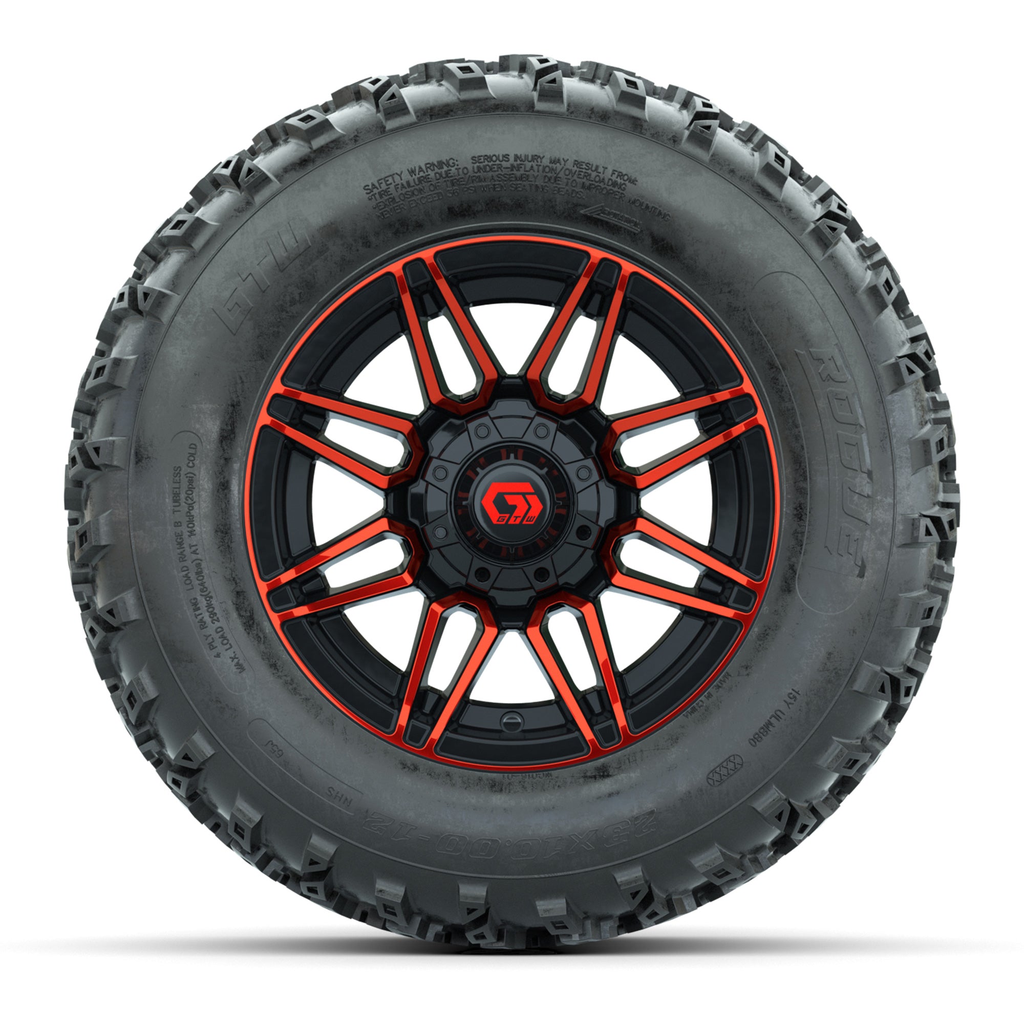 GTW® Stealth Red/Machined 12 in Wheels with 23X10.00-12 Rogue All-Terrain Tires – Full Set