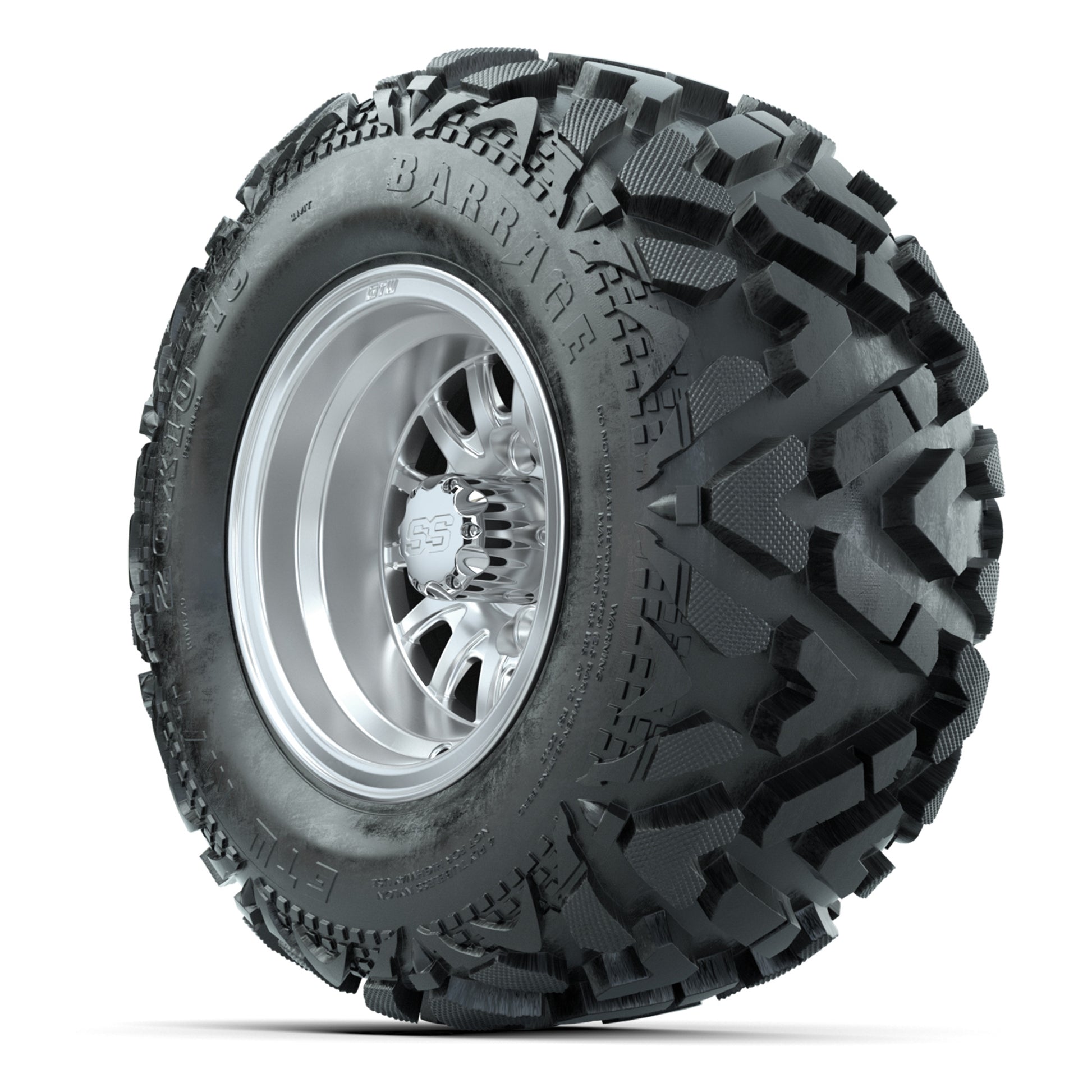 GTW Medusa Silver/Machined 10 in Wheels with 20x10-10 Barrage Mud Tires – Full Set