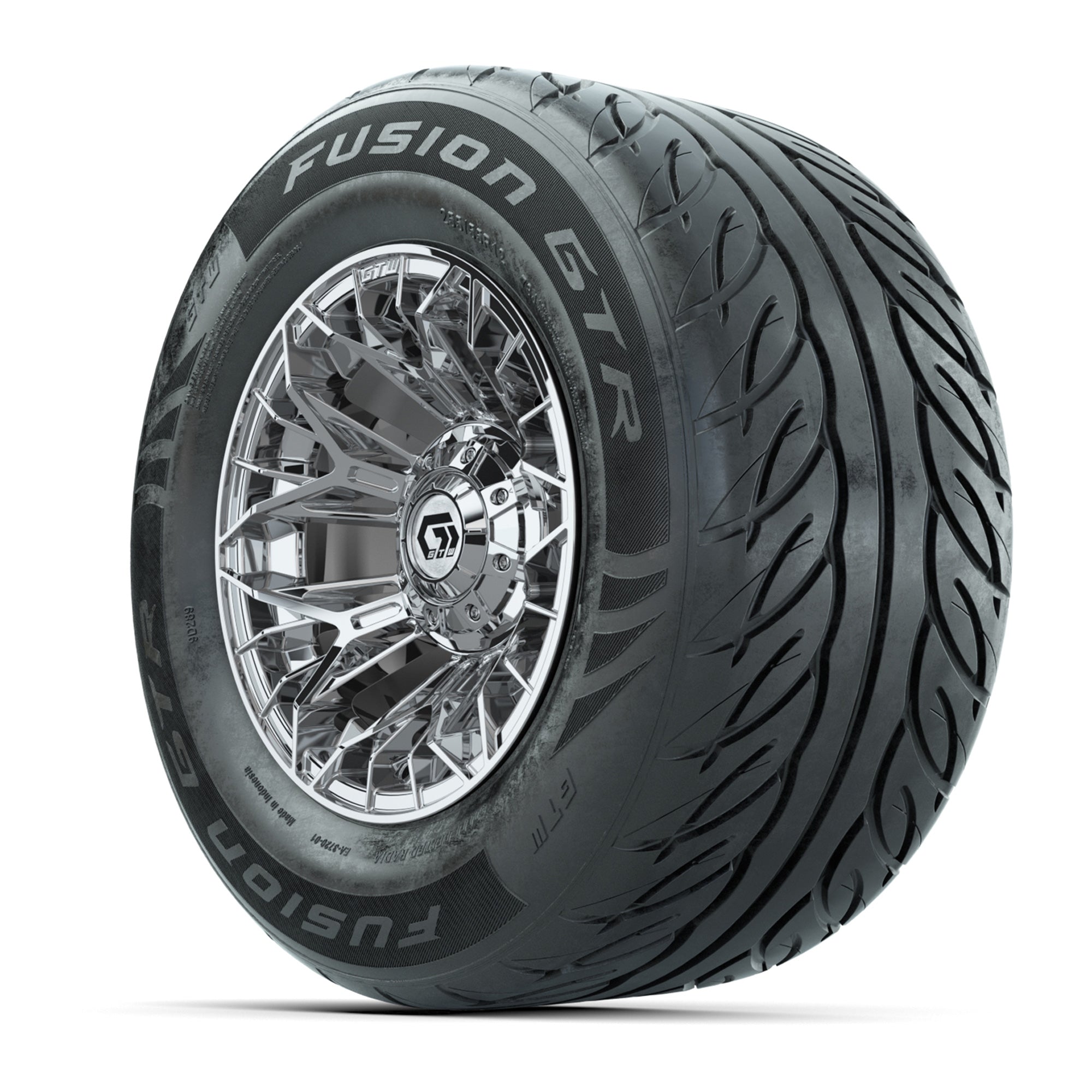 GTW® Stellar Chrome 12 in Wheels with 255/55-R12 Fusion GTR Steel Belt Radial Street Tires – Full Set