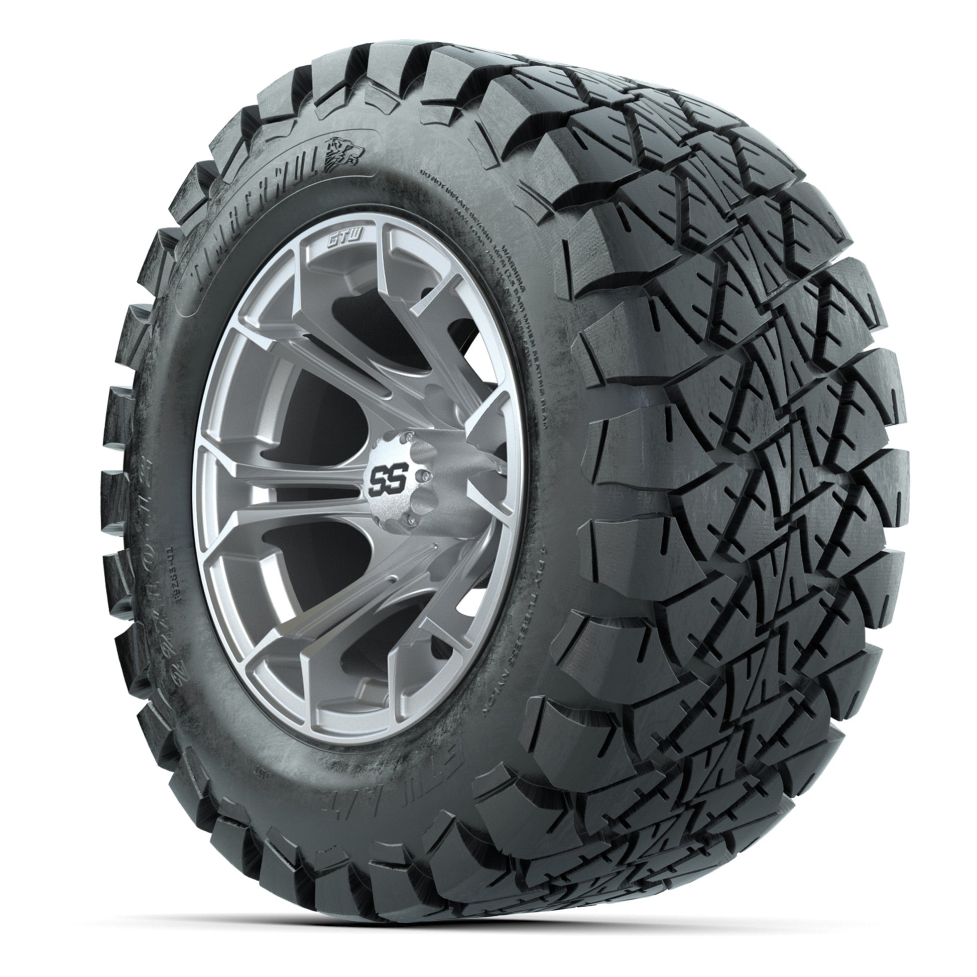 GTW® Spyder Silver Brush 12 in Wheels with 22X10-12 Timberwolf All-Terrain Tires – Full Set