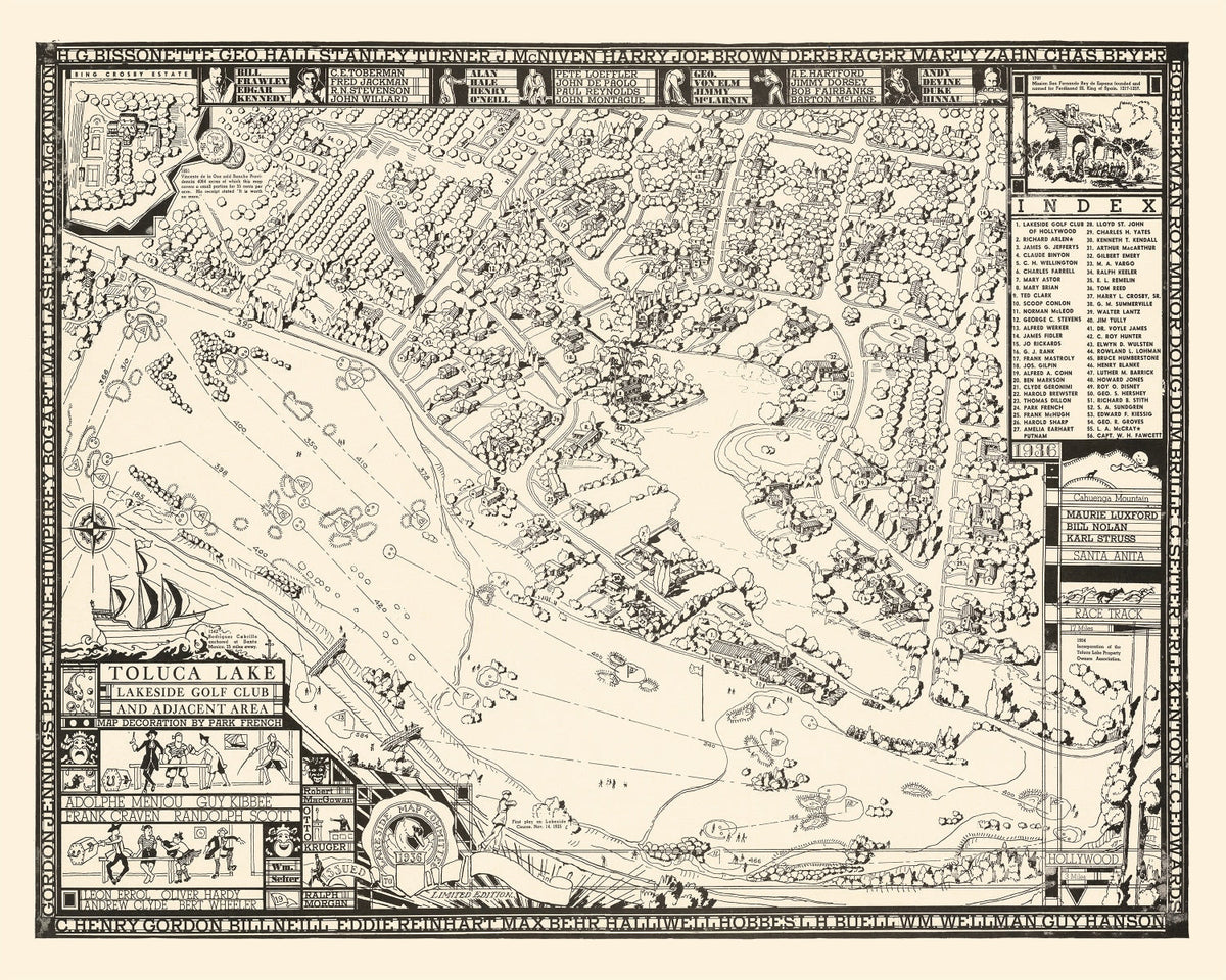 Vintage Map of Toluca Lake Lakeside Golf Club, 1936