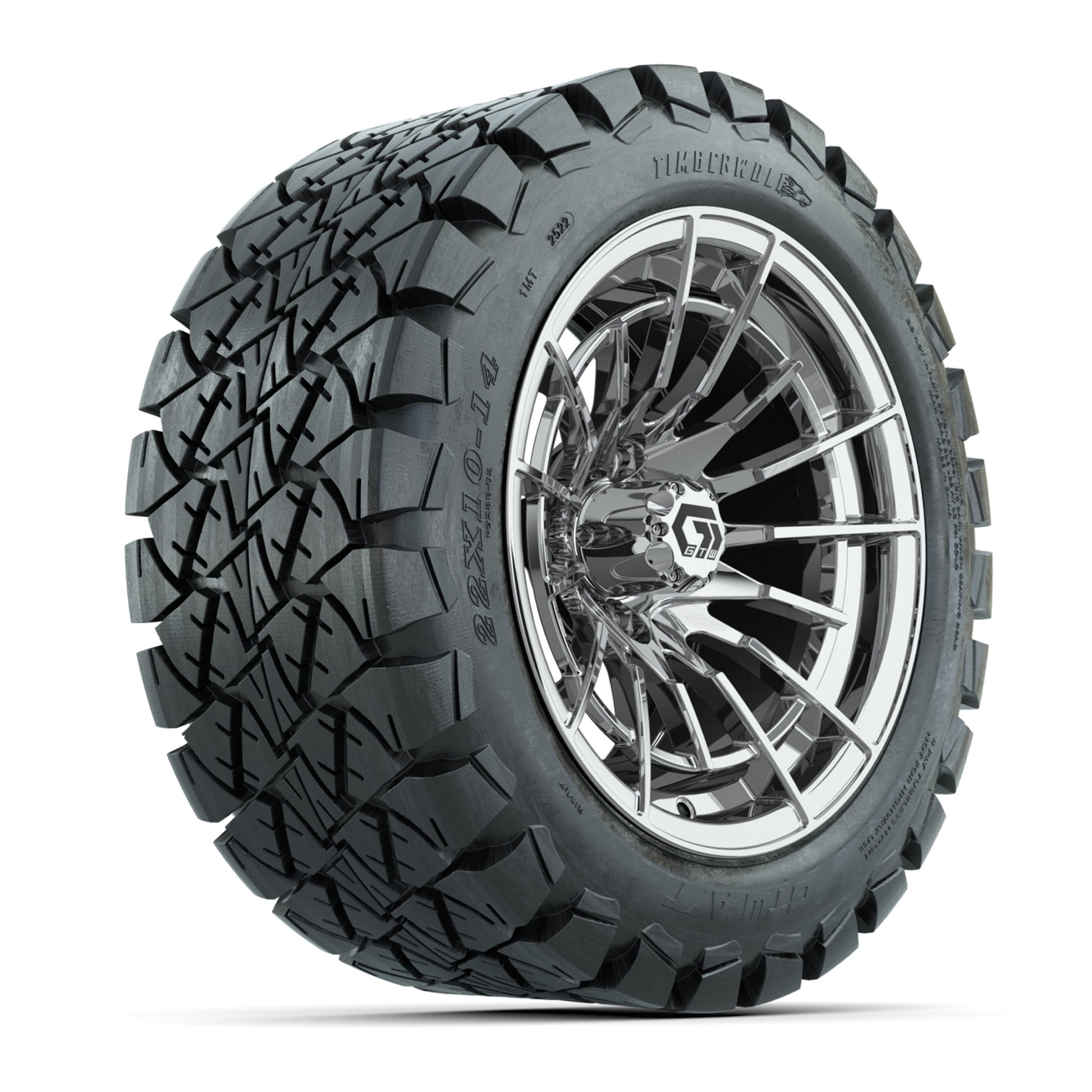 GTW® Boost Chrome 14 in Wheels with 22x10-14 Timberwolf All-Terrain Tires – Full Set