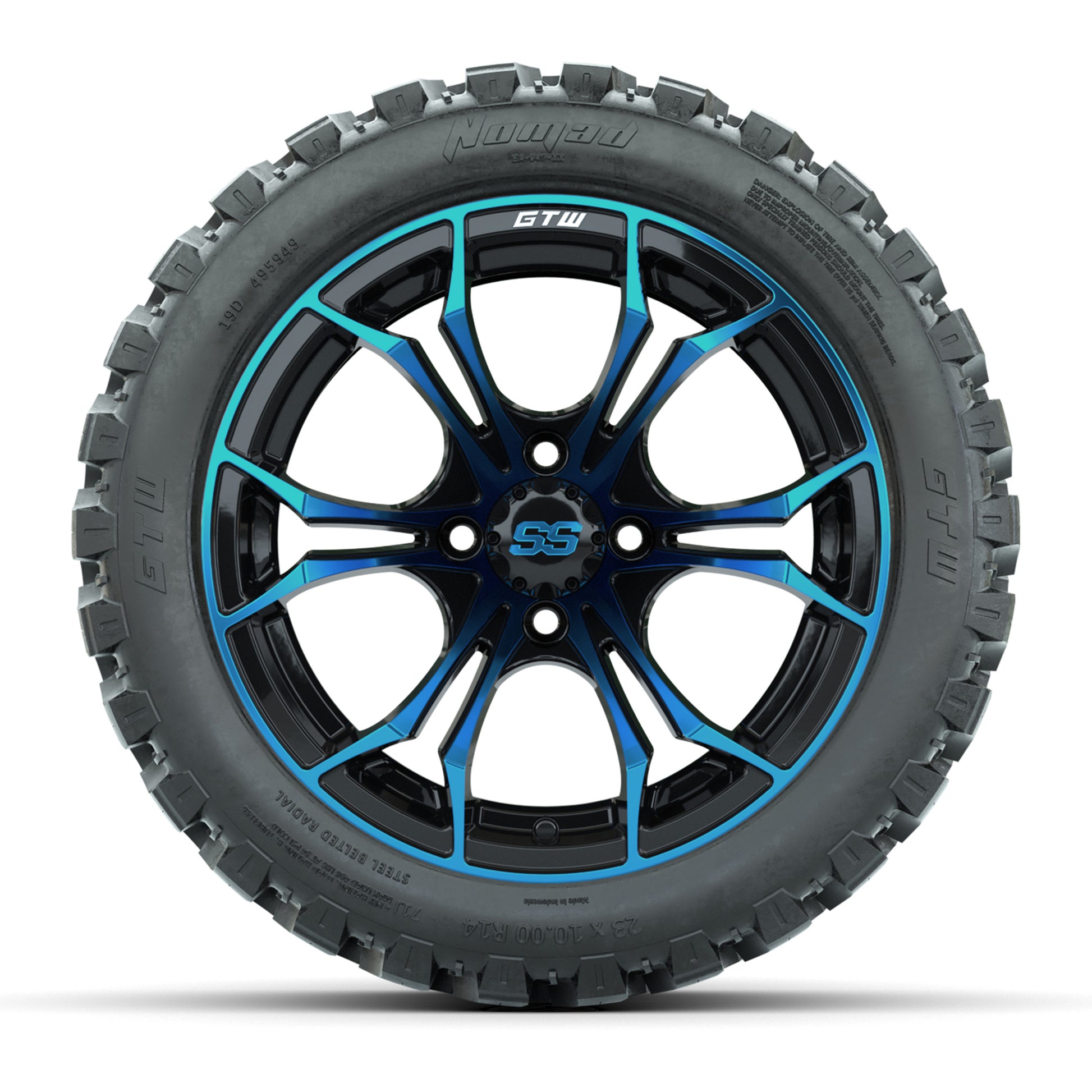 GTW Spyder Blue/Black 14 in Wheels with 23x10-14 GTW Nomad A - front view