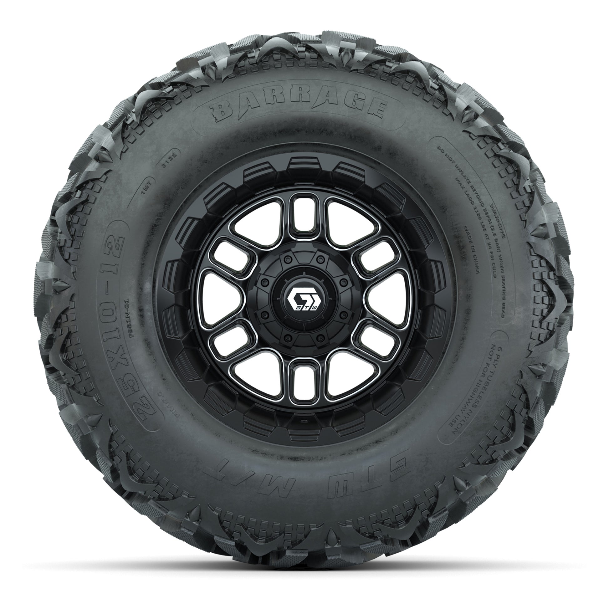 GTW® Titan Black/Machined 12 in Wheels with 25X10-12 Barrage Mud Tires – Full Set