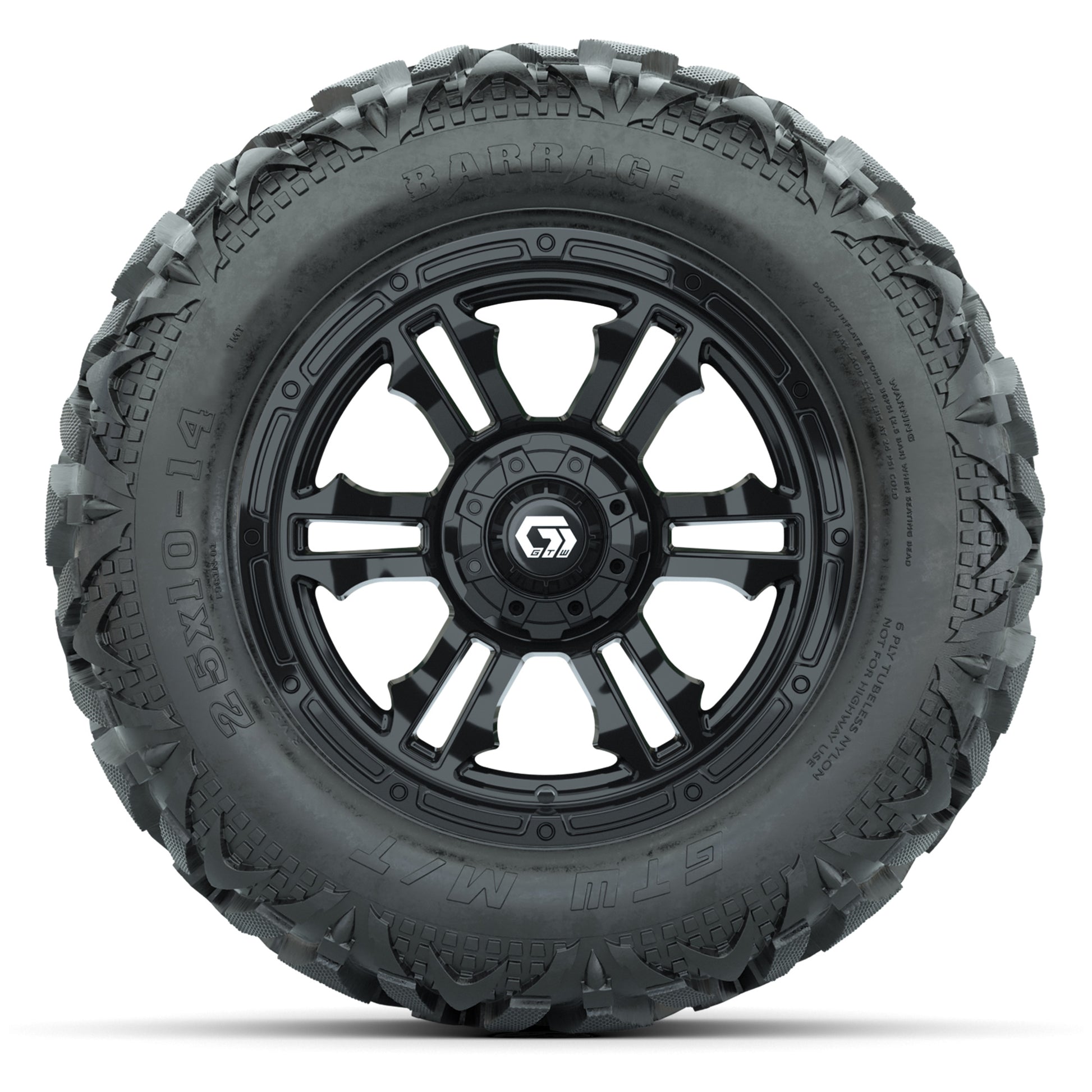 GTW Shogun Gloss Black 14 in Wheels with 25x10-14 Barrage Mu - front view