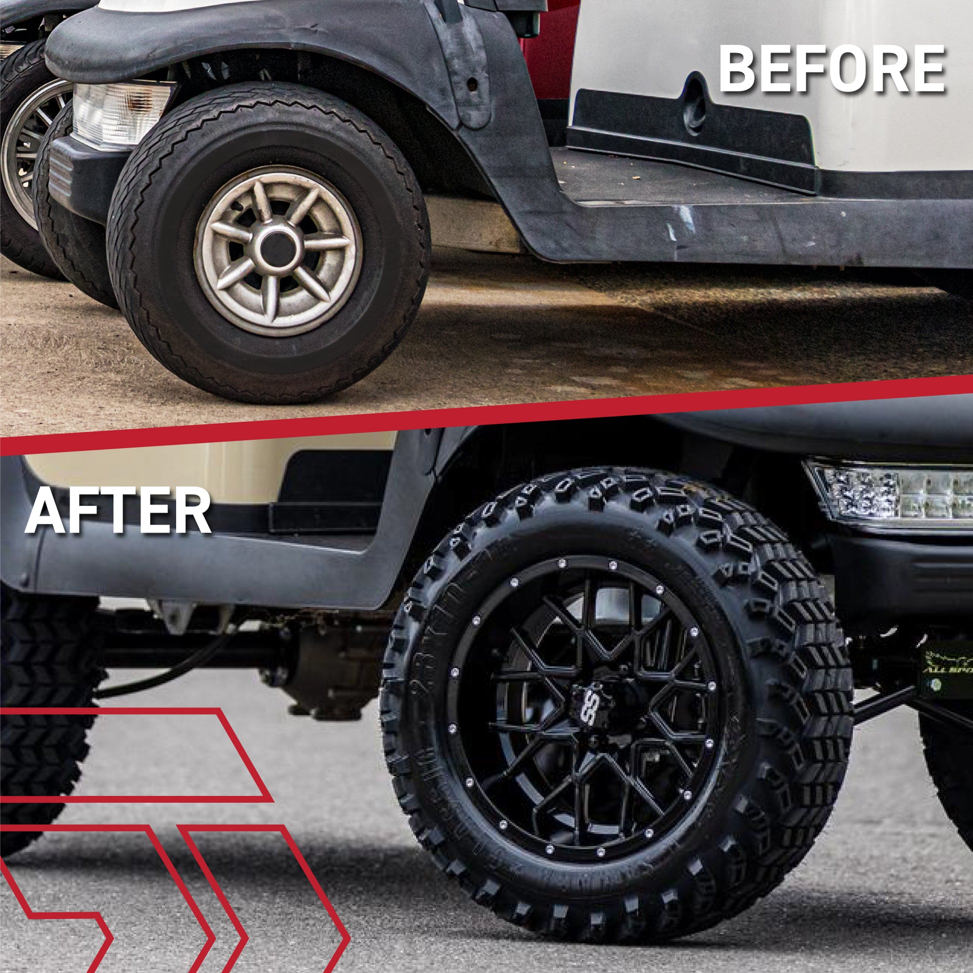 GTW Vortex wheels and Rogue All Terrain tires on a lifted golf cart, before and after